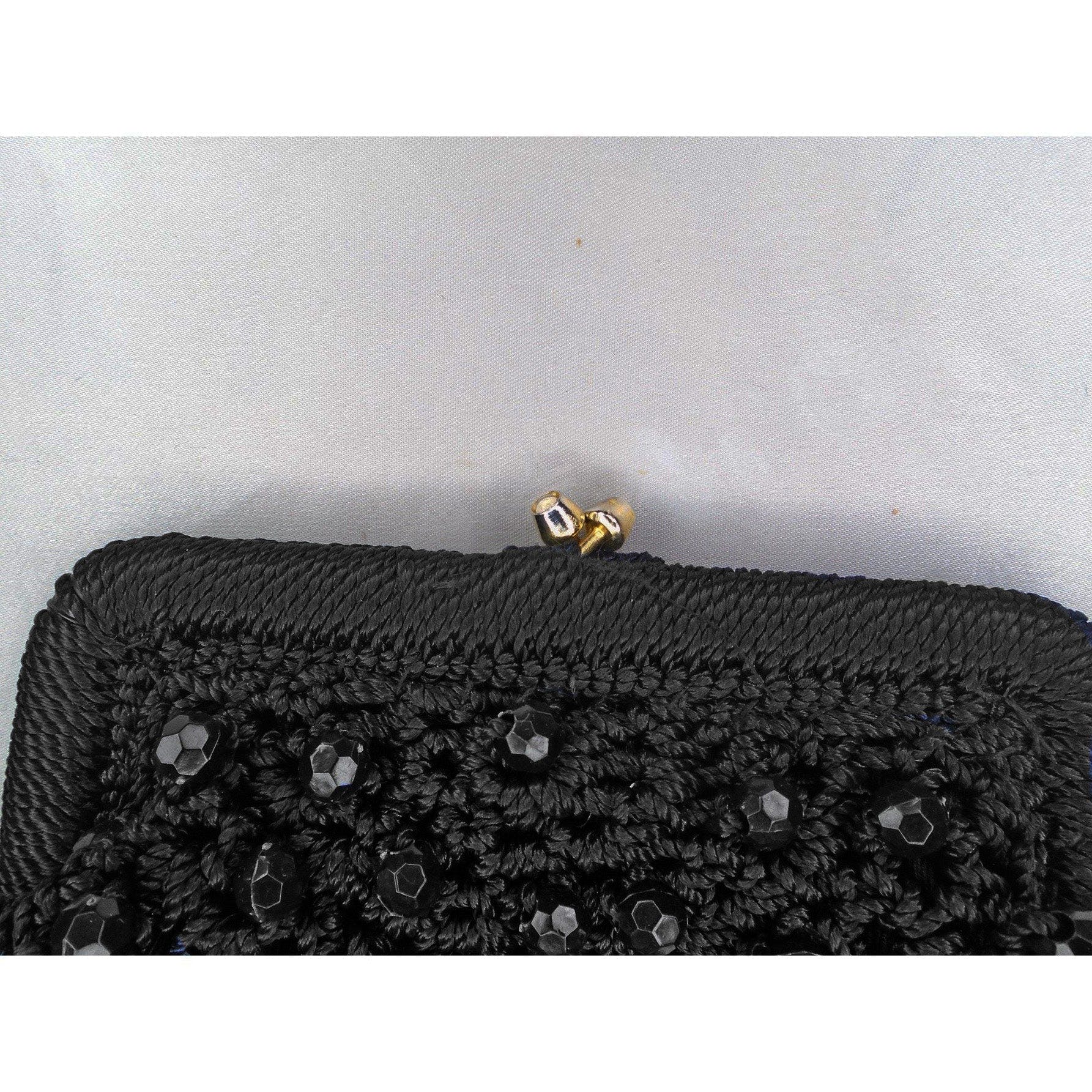 50s Small Black Beaded Crochet Clutch, Mini Purse By Walborg - Image 4