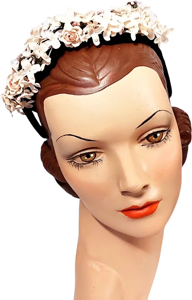 50s Small Black Hat With White And Pink Flowers