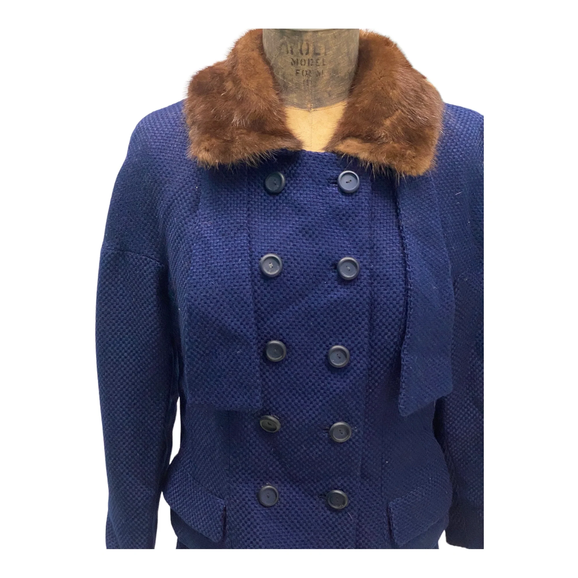 50s Tailored Blue Wool Suit Fur Collar By Zelinka Matlick - Image 3