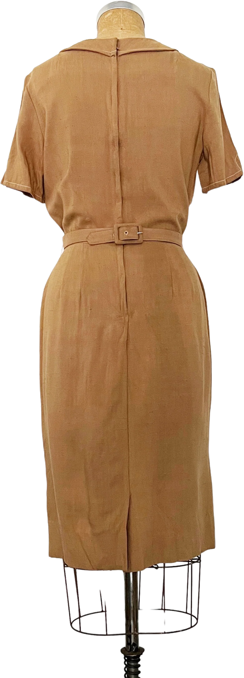 50s Tan Belted Sheath Dress - Image 2