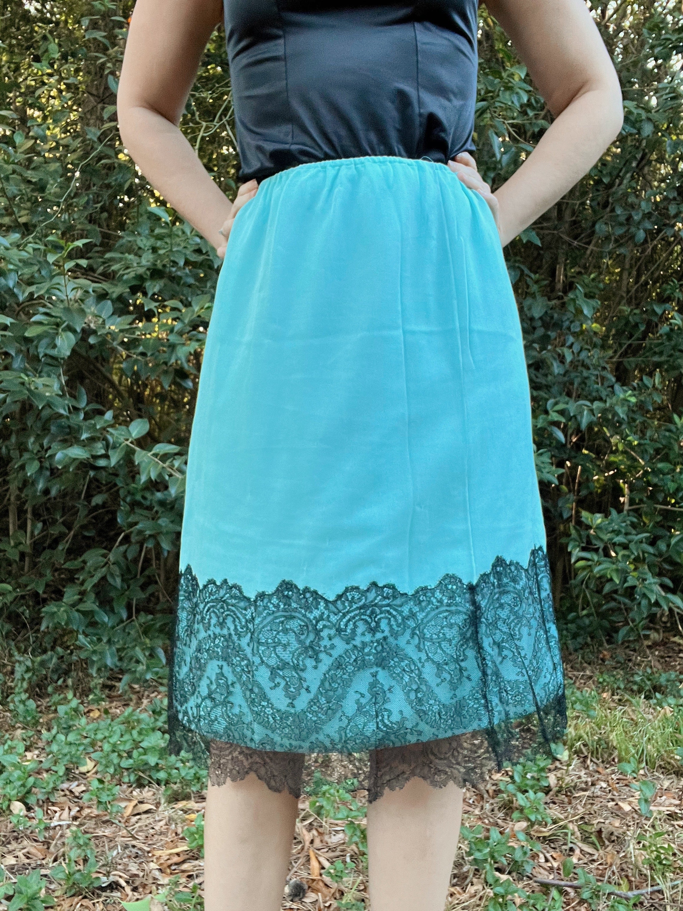 50s Teal Half Slip Skirt With Black Lace By Schiaparelli - Image 5