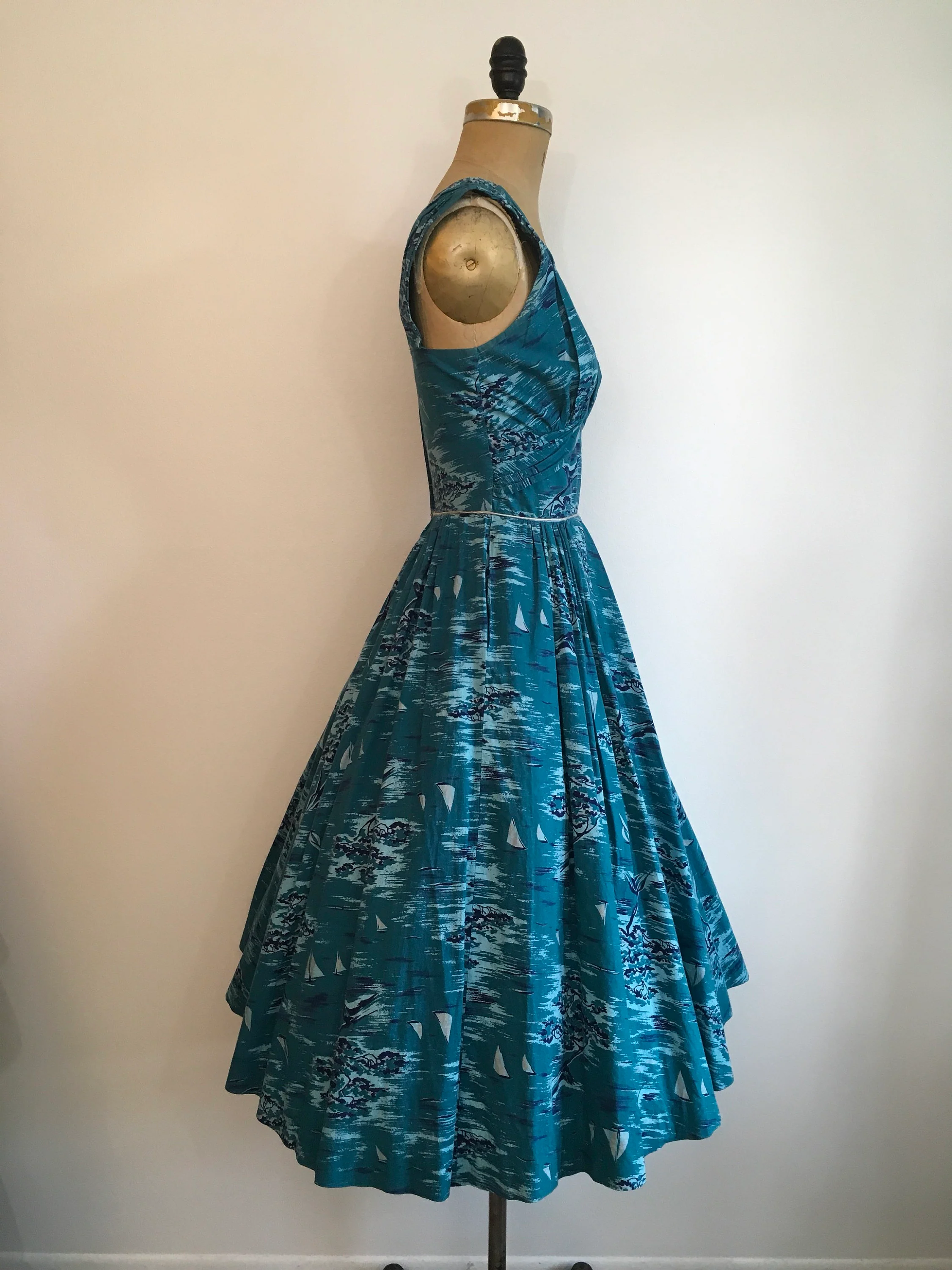 50's Teal Sailboat Novelty Print Dress by Marjae Miami - Image 3