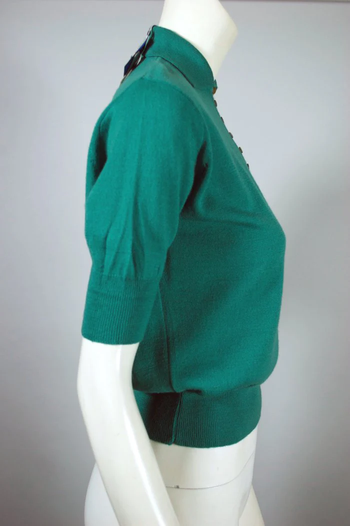 50s Teal Wool Sweater Short Sleeve S To M Deadstock - Image 5