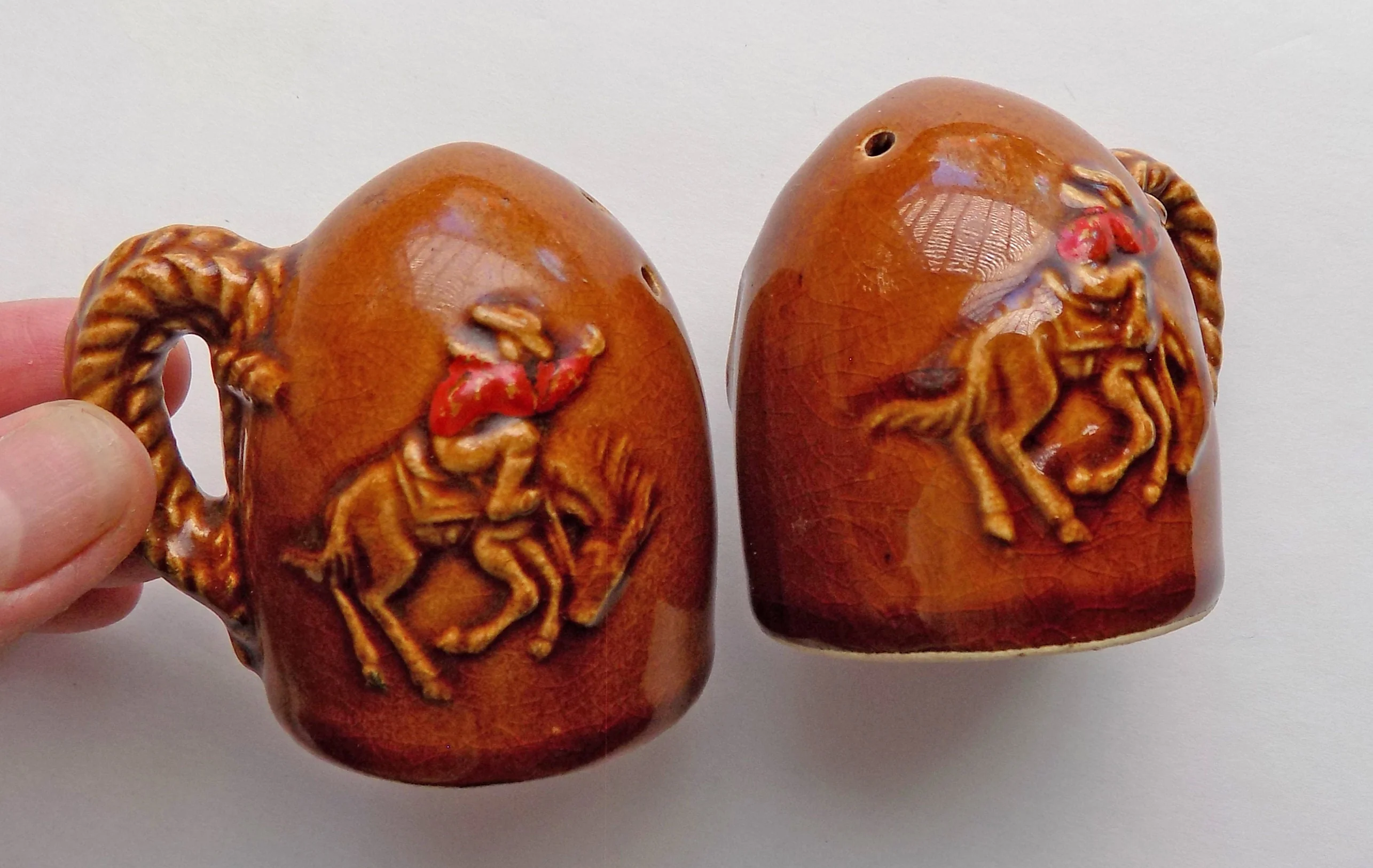 50s Texas Themed Ceramic Salt and Pepper Shakers Made In Japan Brown Long Horned Steer Cowboy Bronco - Image 2
