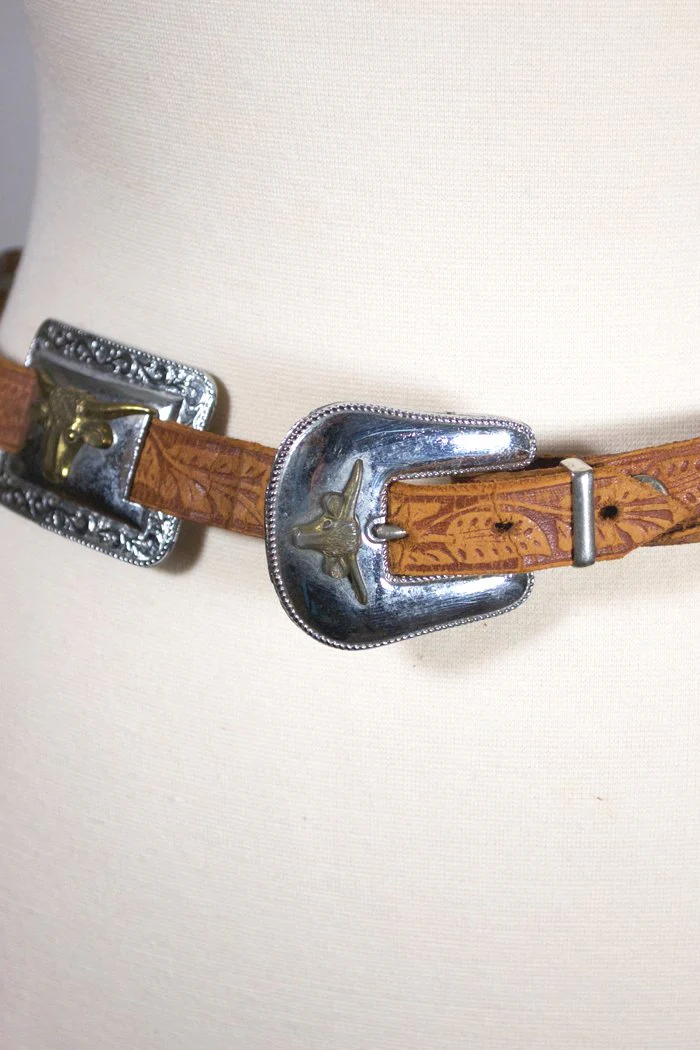 50s Tooled Leather Western Belt Longhorns Conchos S-m - Image 6