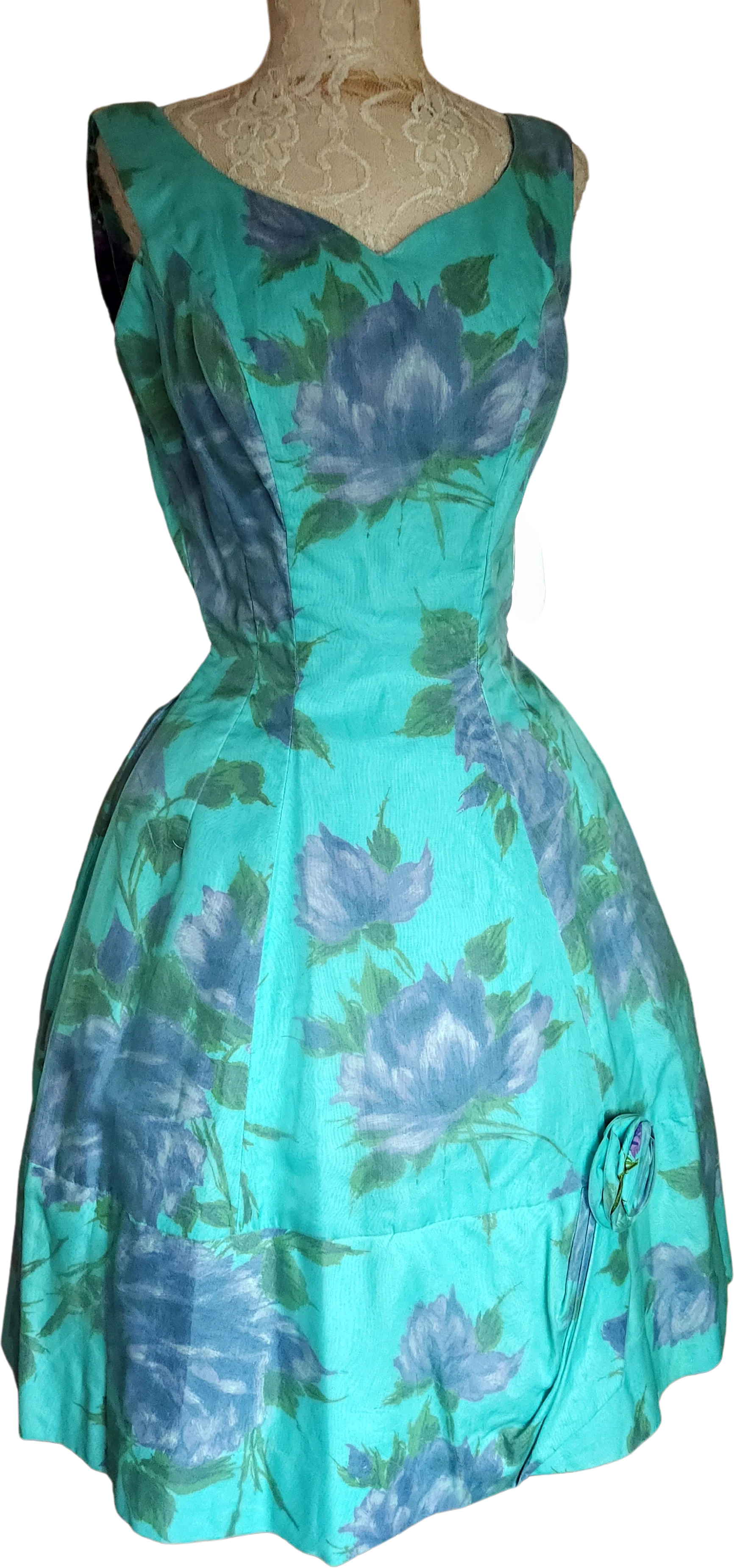 50s Turqoise Floral Chiffon Over Cotton Party Dress