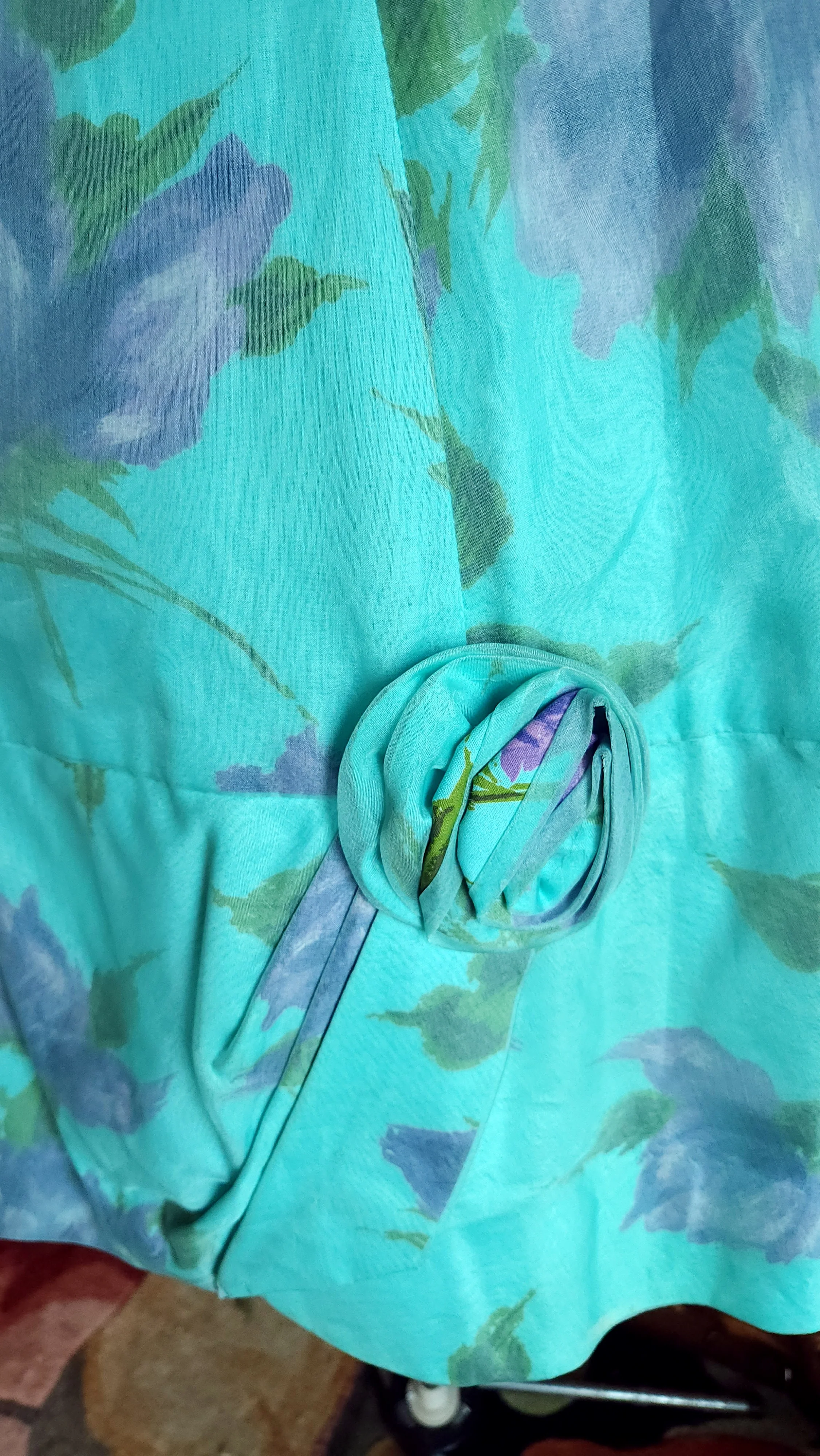 50s Turqoise Floral Chiffon Over Cotton Party Dress - Image 6
