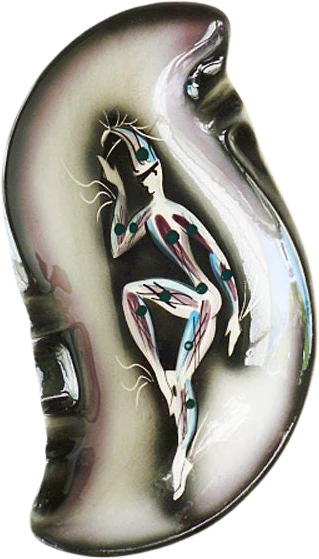 50s Unsigned Sasha Brastoff Harlequin Ashtray Mid Century , Mcm , Atomic , Stylish , Air Brushed ,