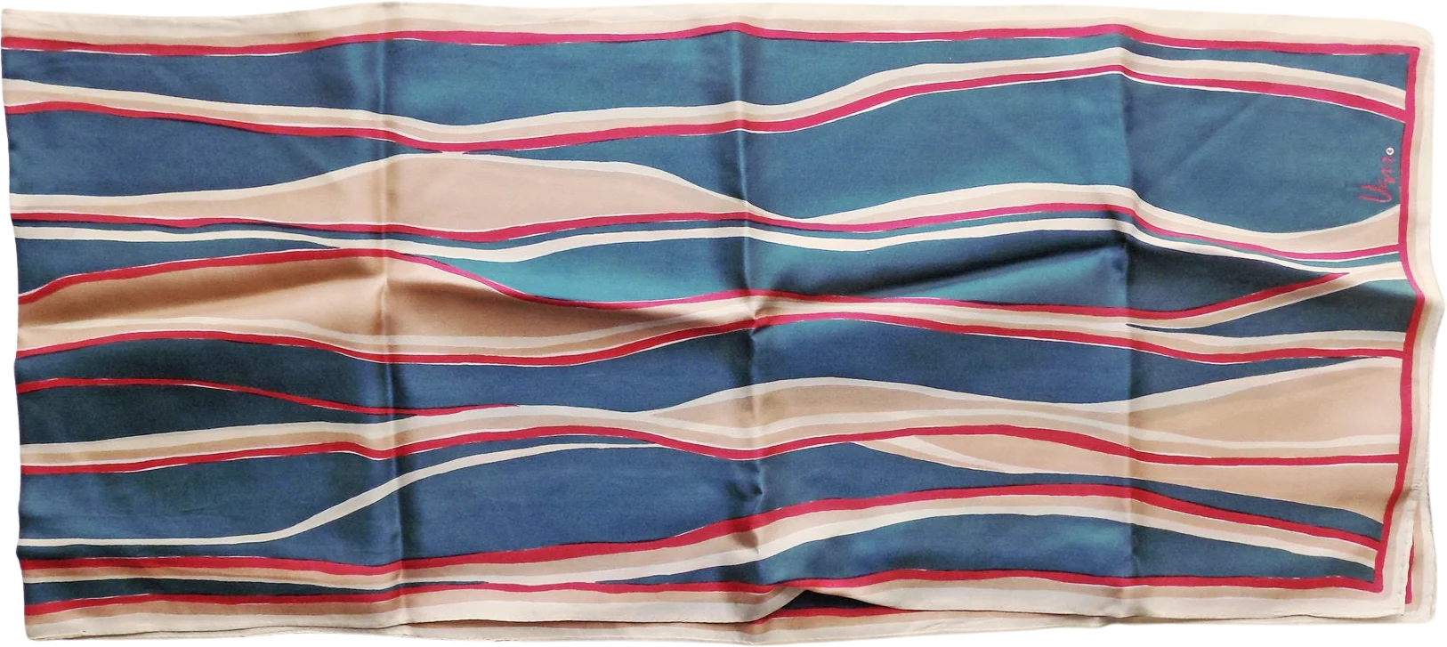 50s Vera Silk Hand Rolled Rectangular Abstract Pattern Scarf In Green Red and Tan Fabric Art by Vera