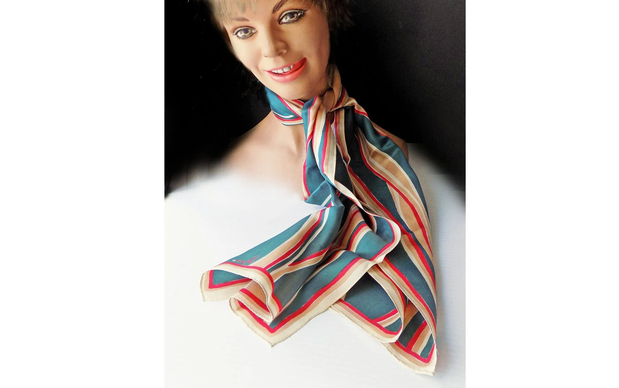 50s Vera Silk Hand Rolled Rectangular Abstract Pattern Scarf In Green Red and Tan Fabric Art by Vera - Image 2