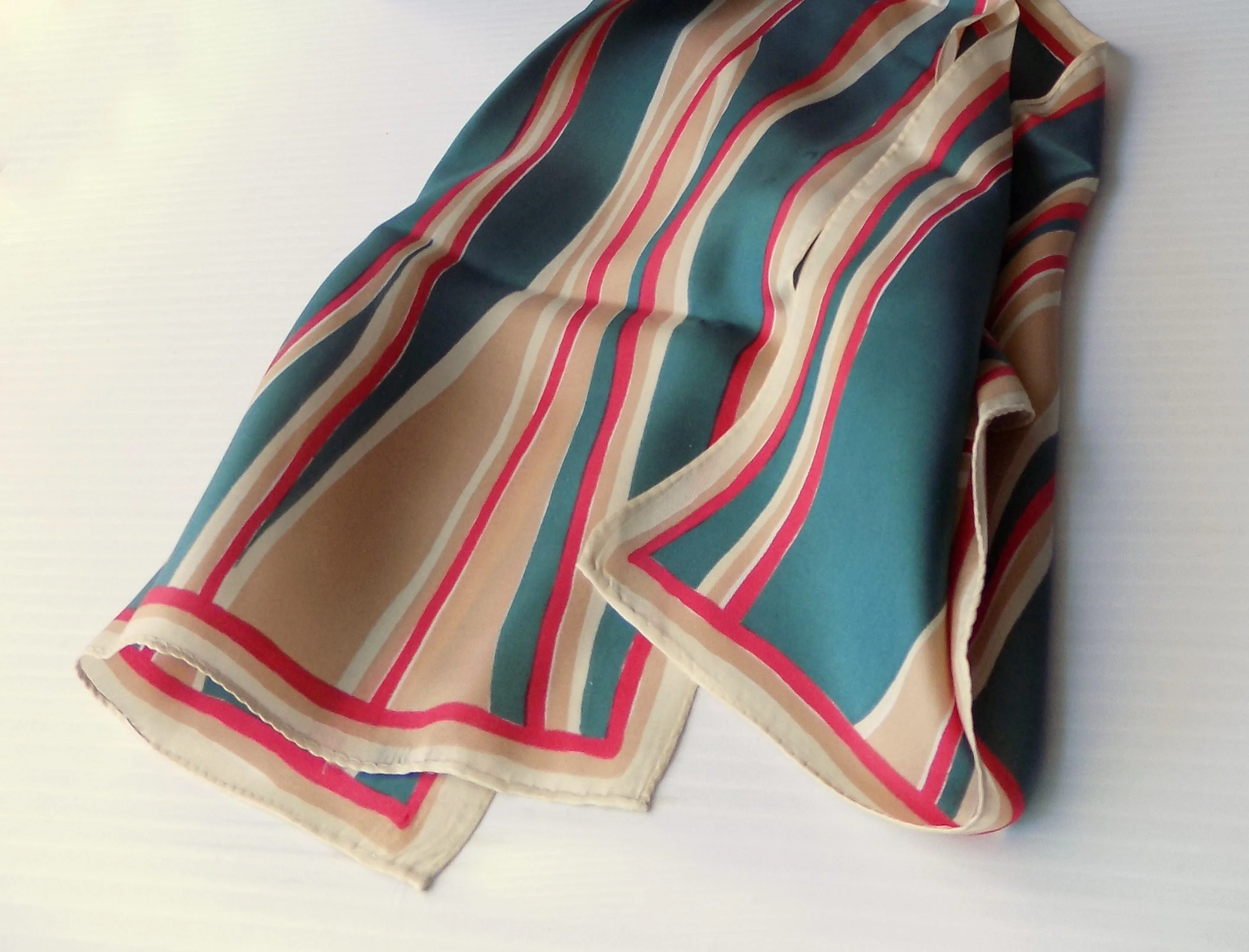 50s Vera Silk Hand Rolled Rectangular Abstract Pattern Scarf In Green Red and Tan Fabric Art by Vera - Image 3