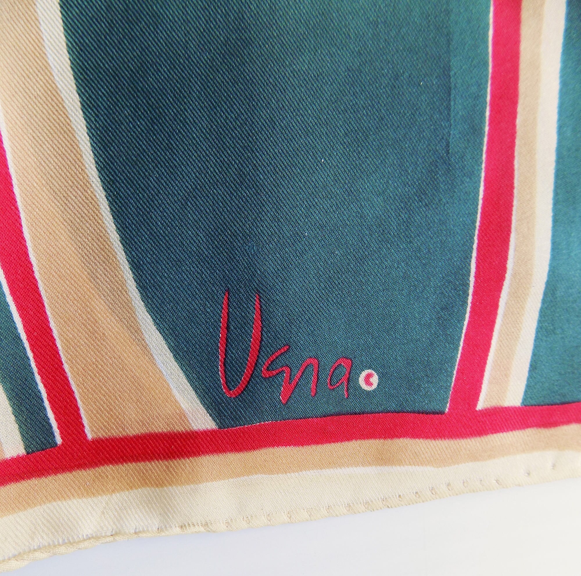 50s Vera Silk Hand Rolled Rectangular Abstract Pattern Scarf In Green Red and Tan Fabric Art by Vera - Image 4