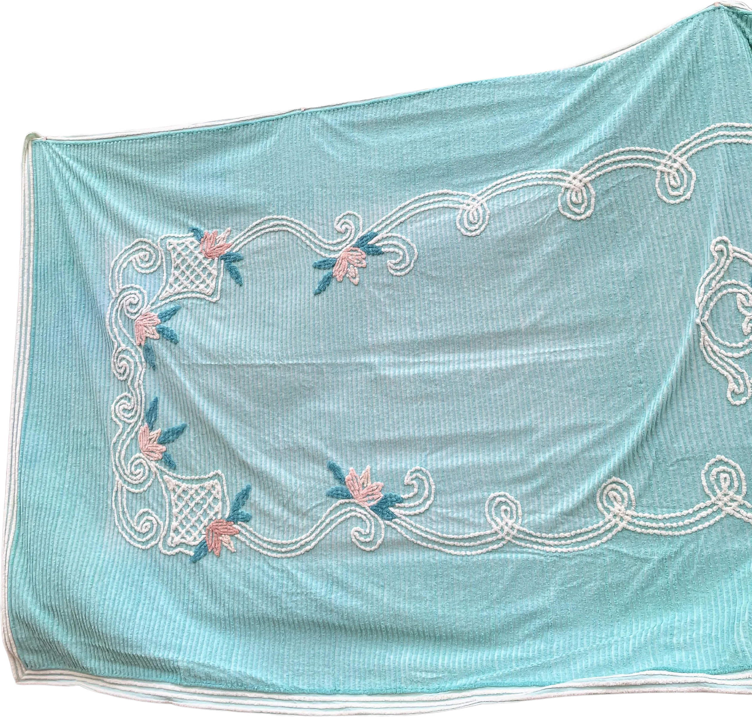 50s Vintage Aqua Blue/green Chenille Floral Bedspread