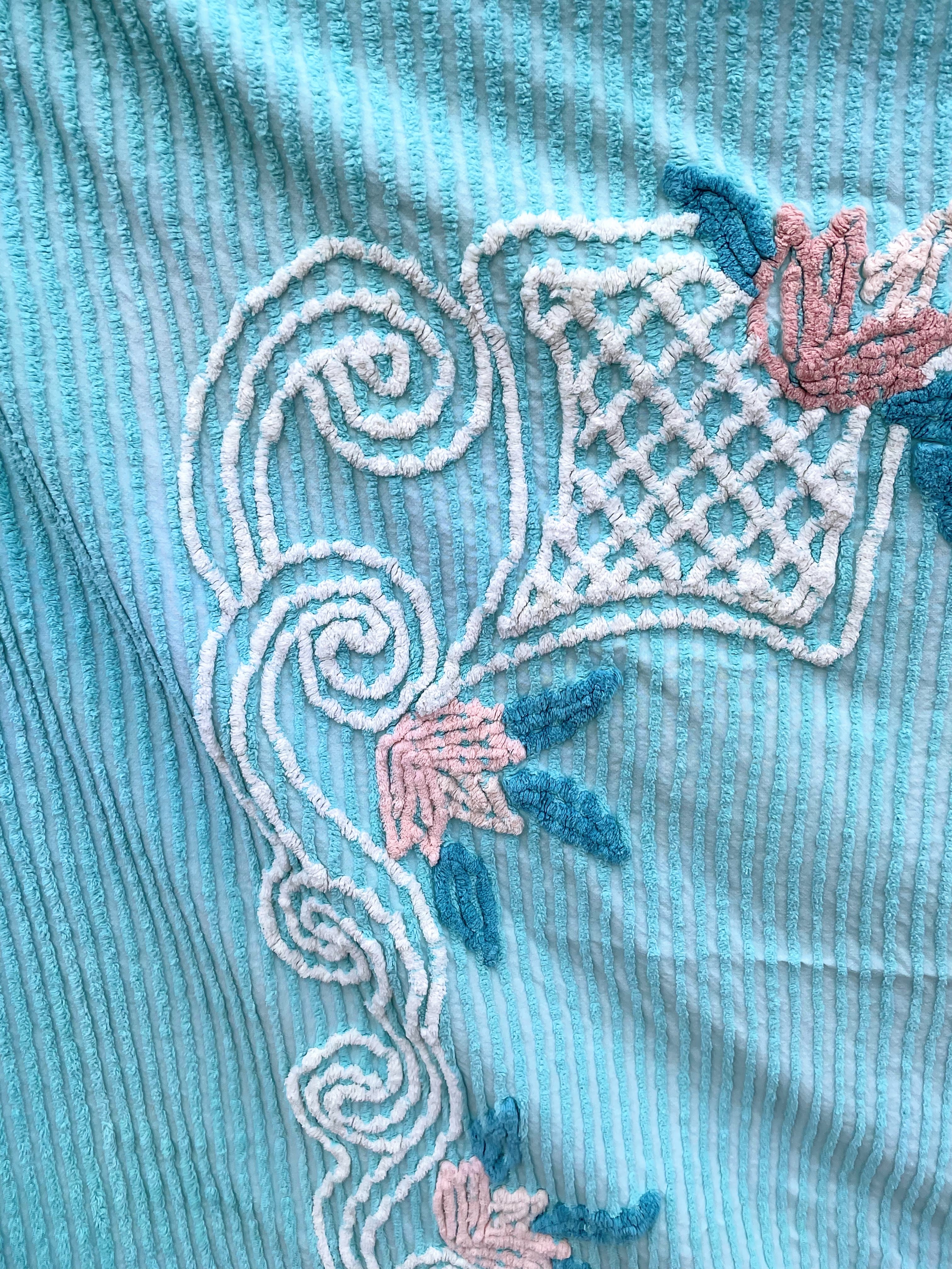 50s Vintage Aqua Blue/green Chenille Floral Bedspread - Image 10