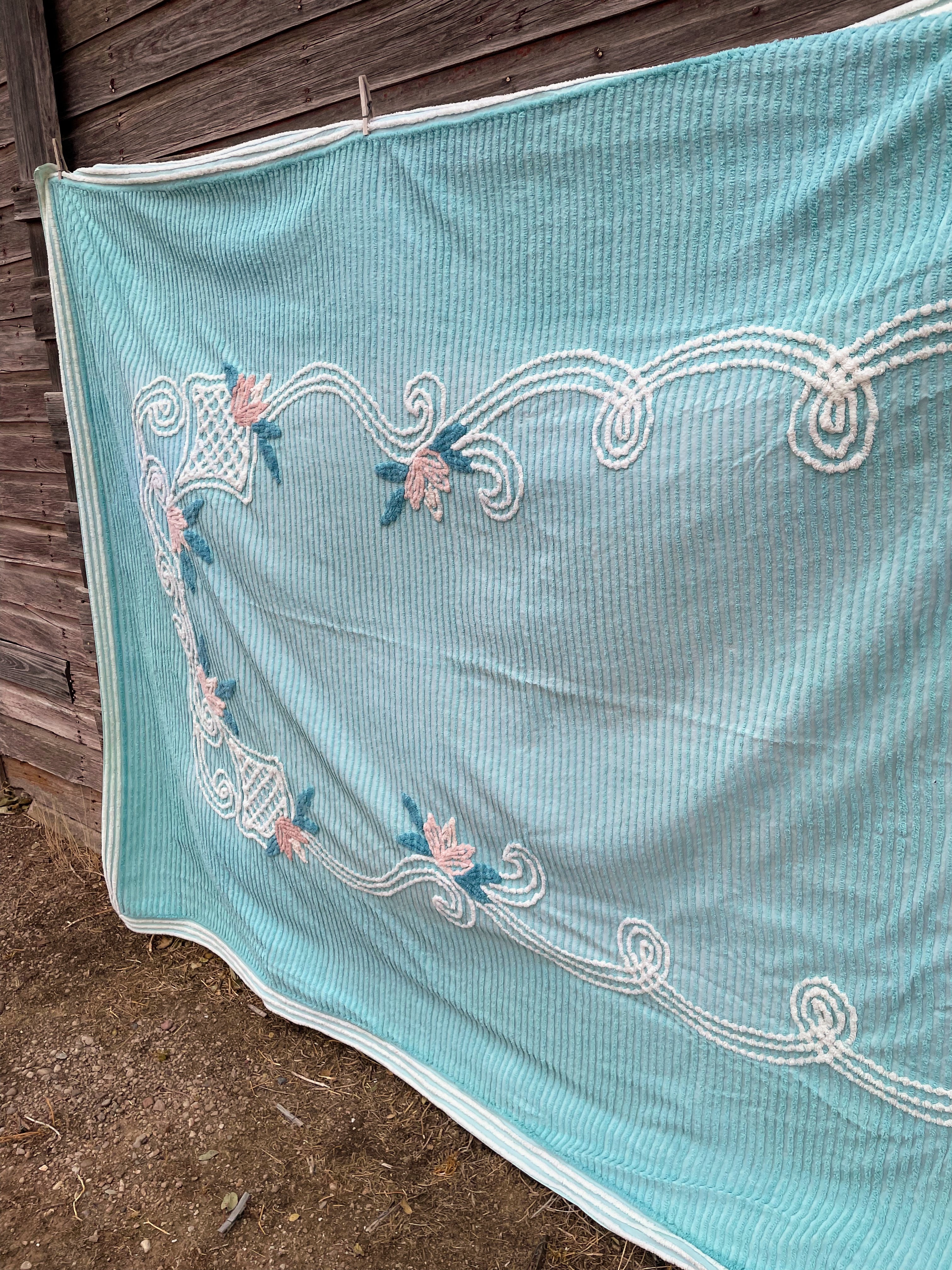 50s Vintage Aqua Blue/green Chenille Floral Bedspread - Image 11