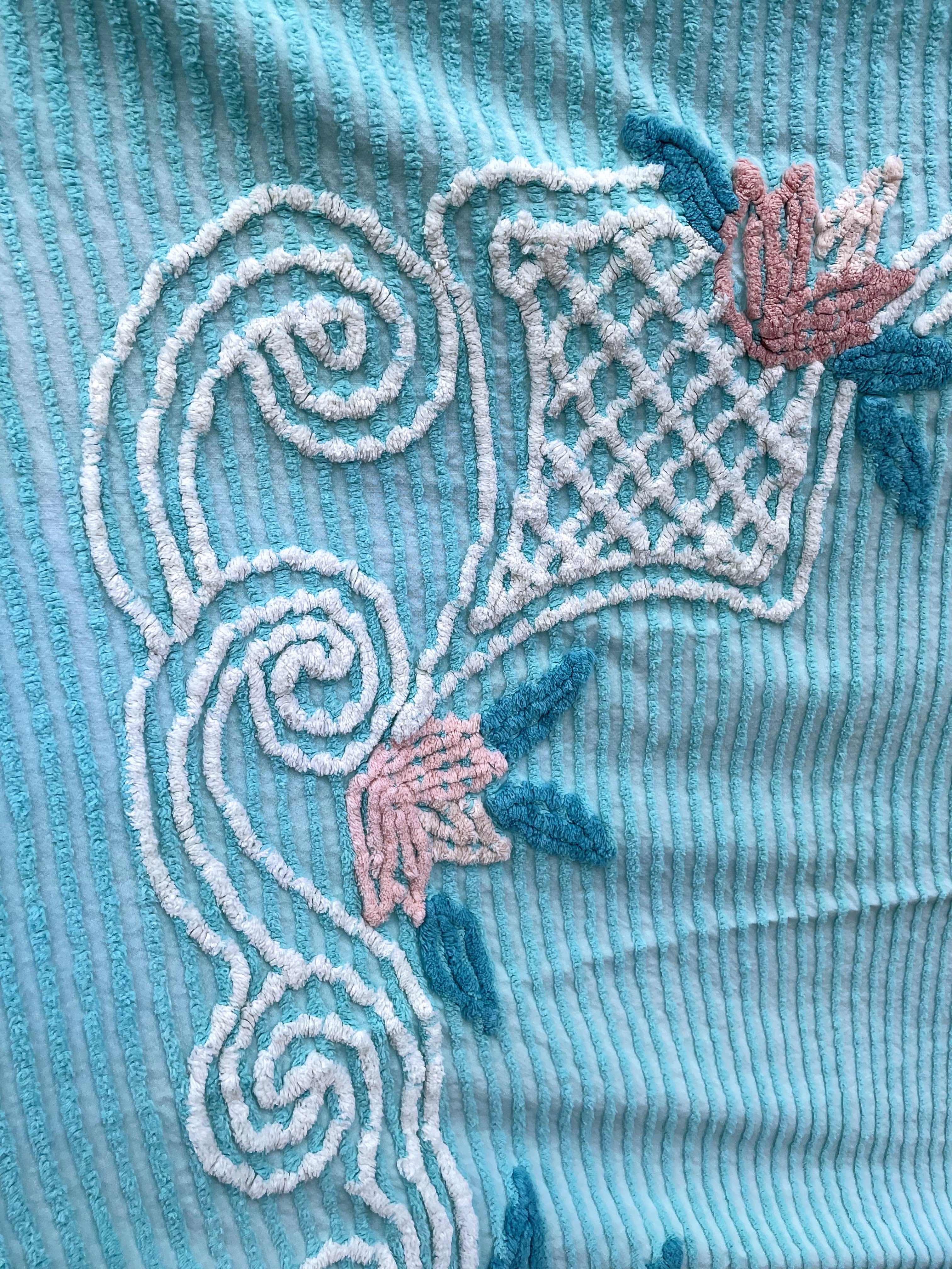 50s Vintage Aqua Blue/green Chenille Floral Bedspread - Image 12