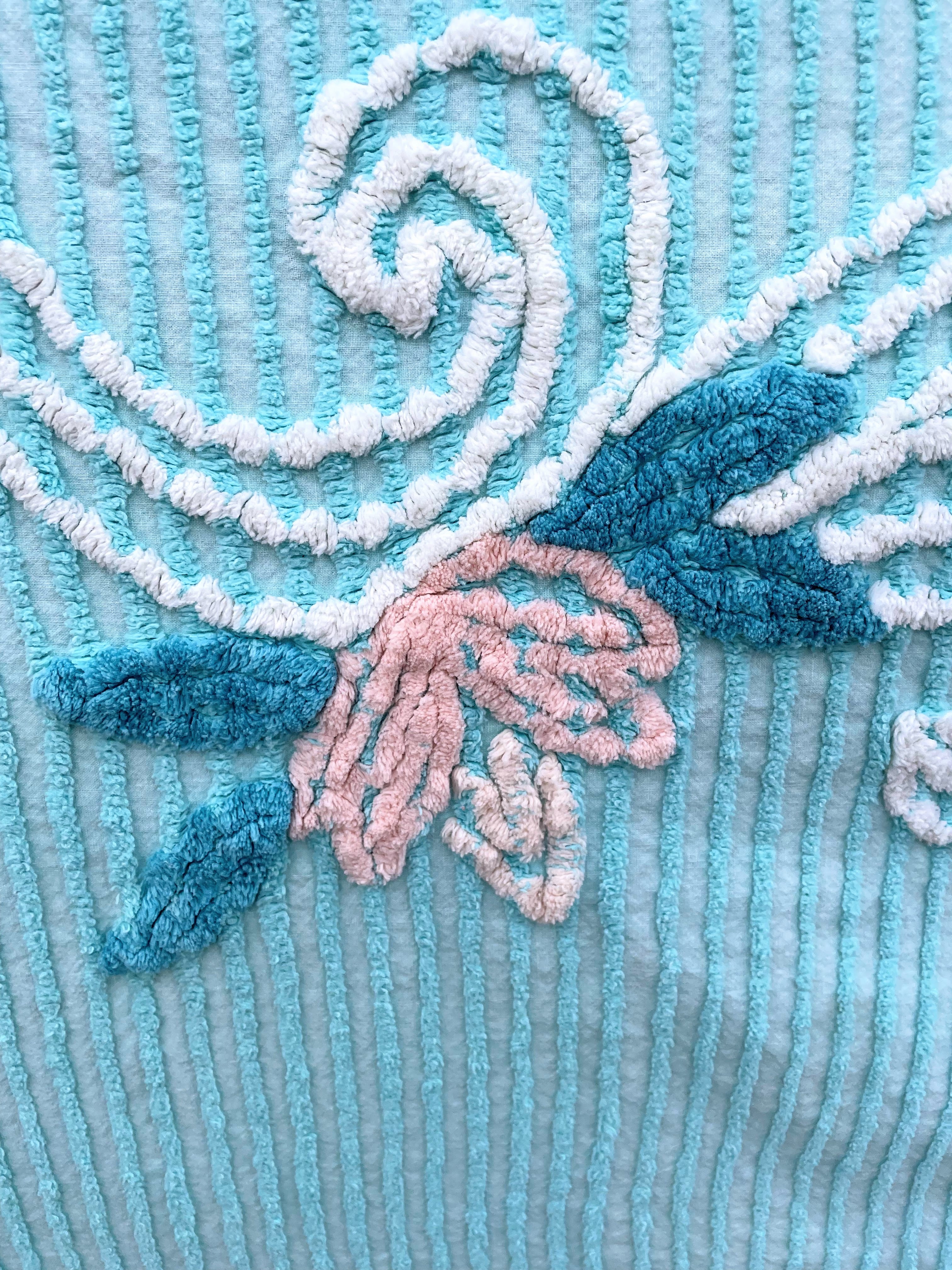 50s Vintage Aqua Blue/green Chenille Floral Bedspread - Image 13