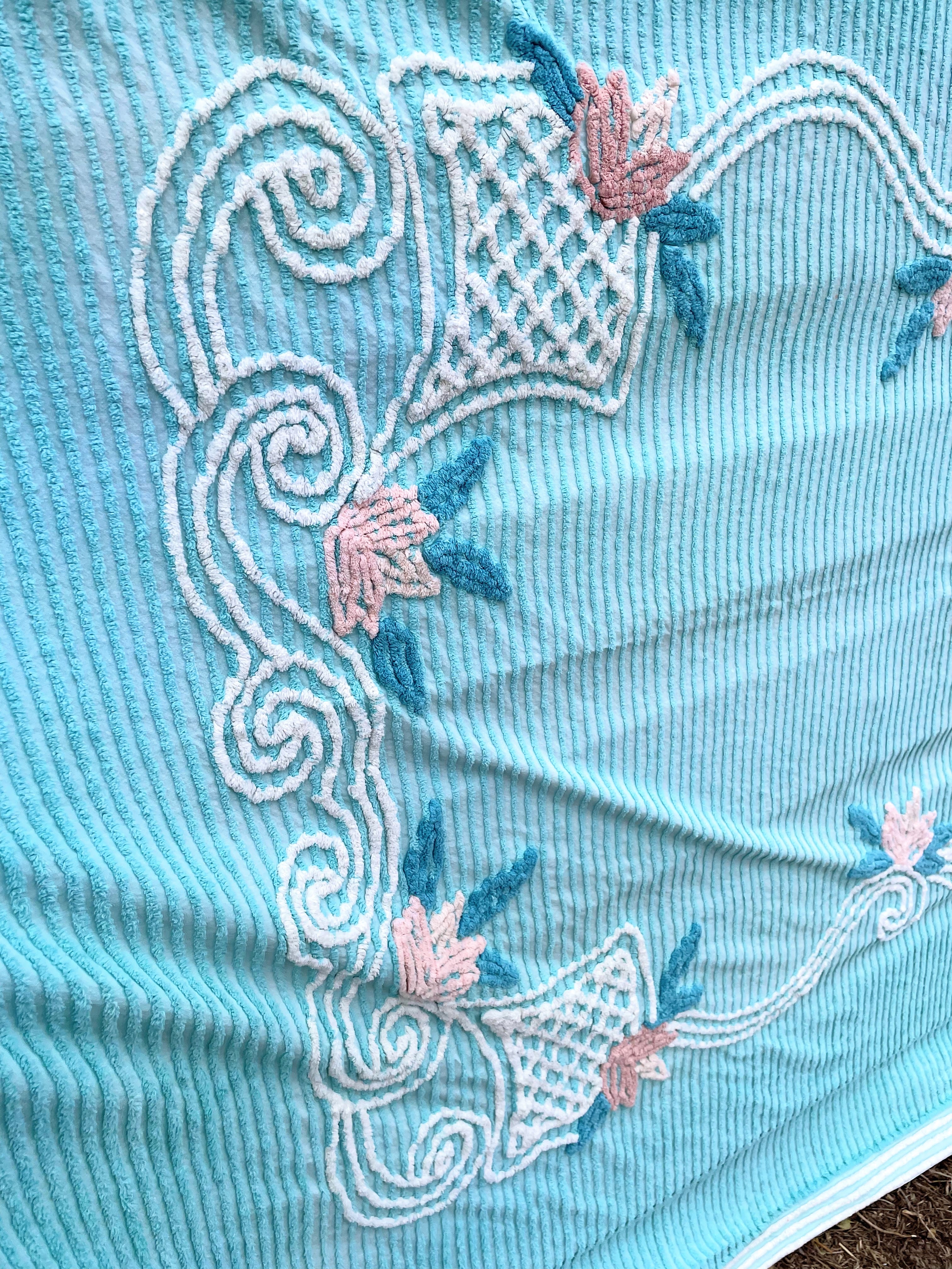 50s Vintage Aqua Blue/green Chenille Floral Bedspread - Image 14