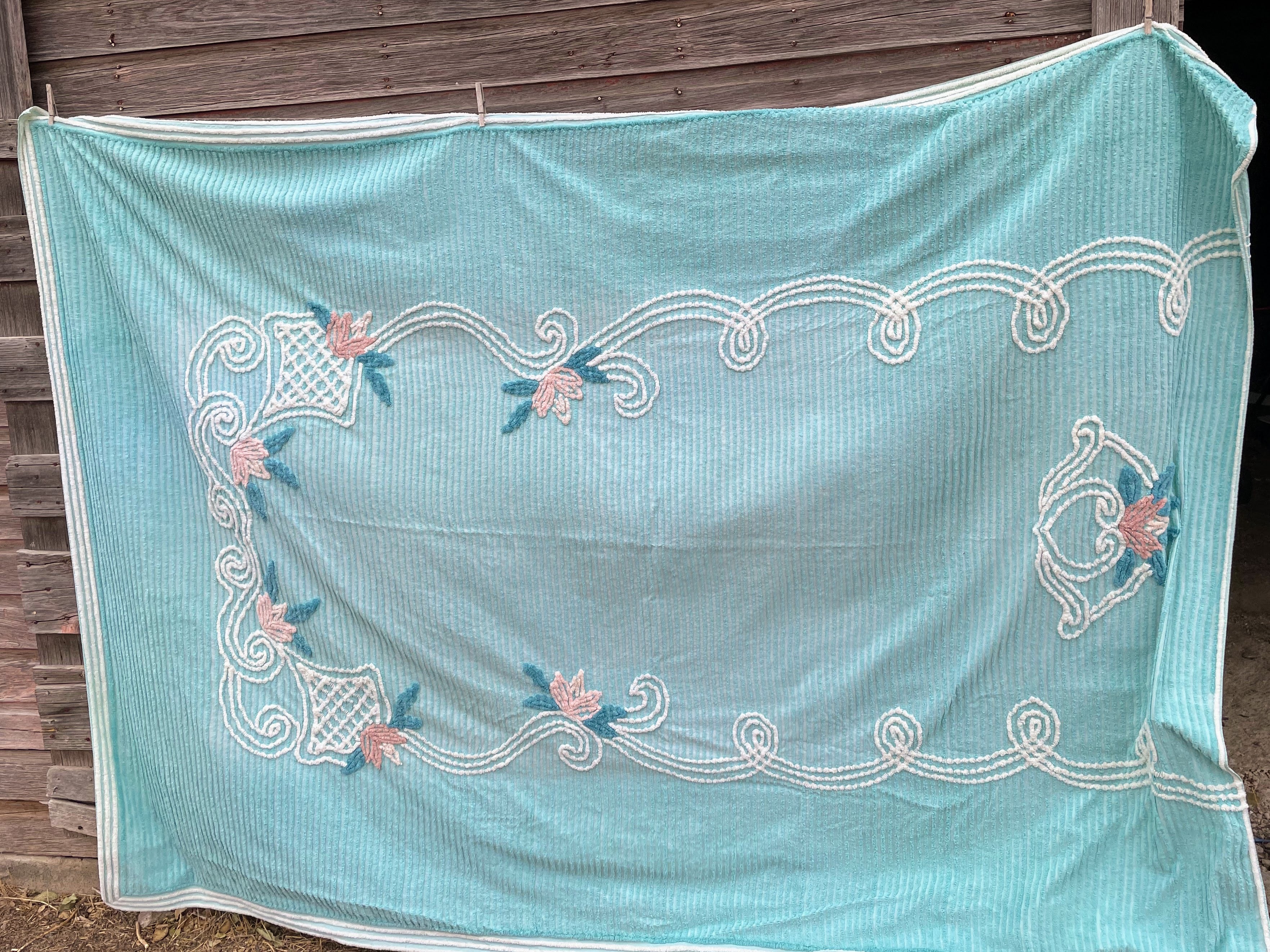 50s Vintage Aqua Blue/green Chenille Floral Bedspread - Image 15