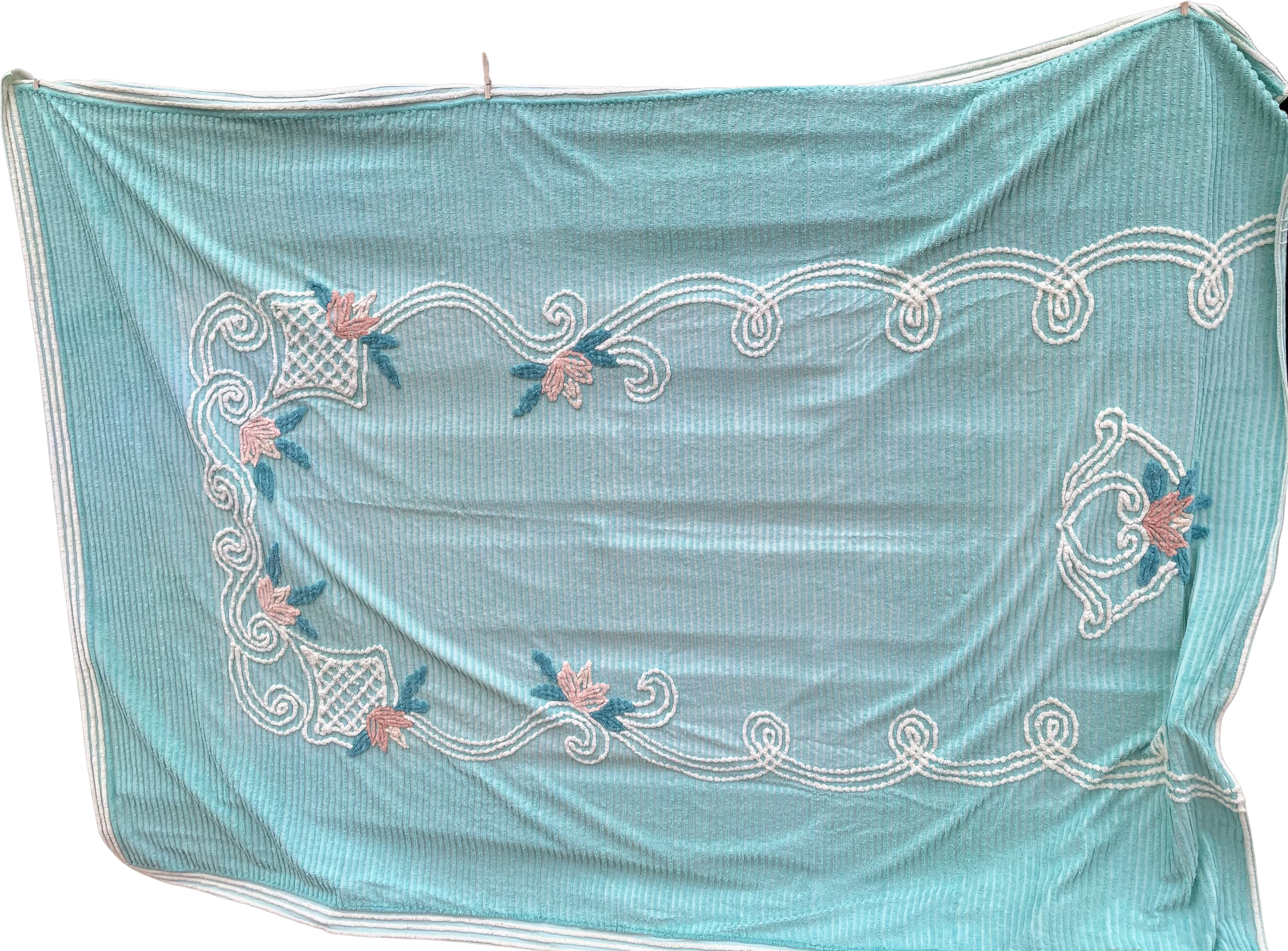 50s Vintage Aqua Blue/green Chenille Floral Bedspread - Image 2