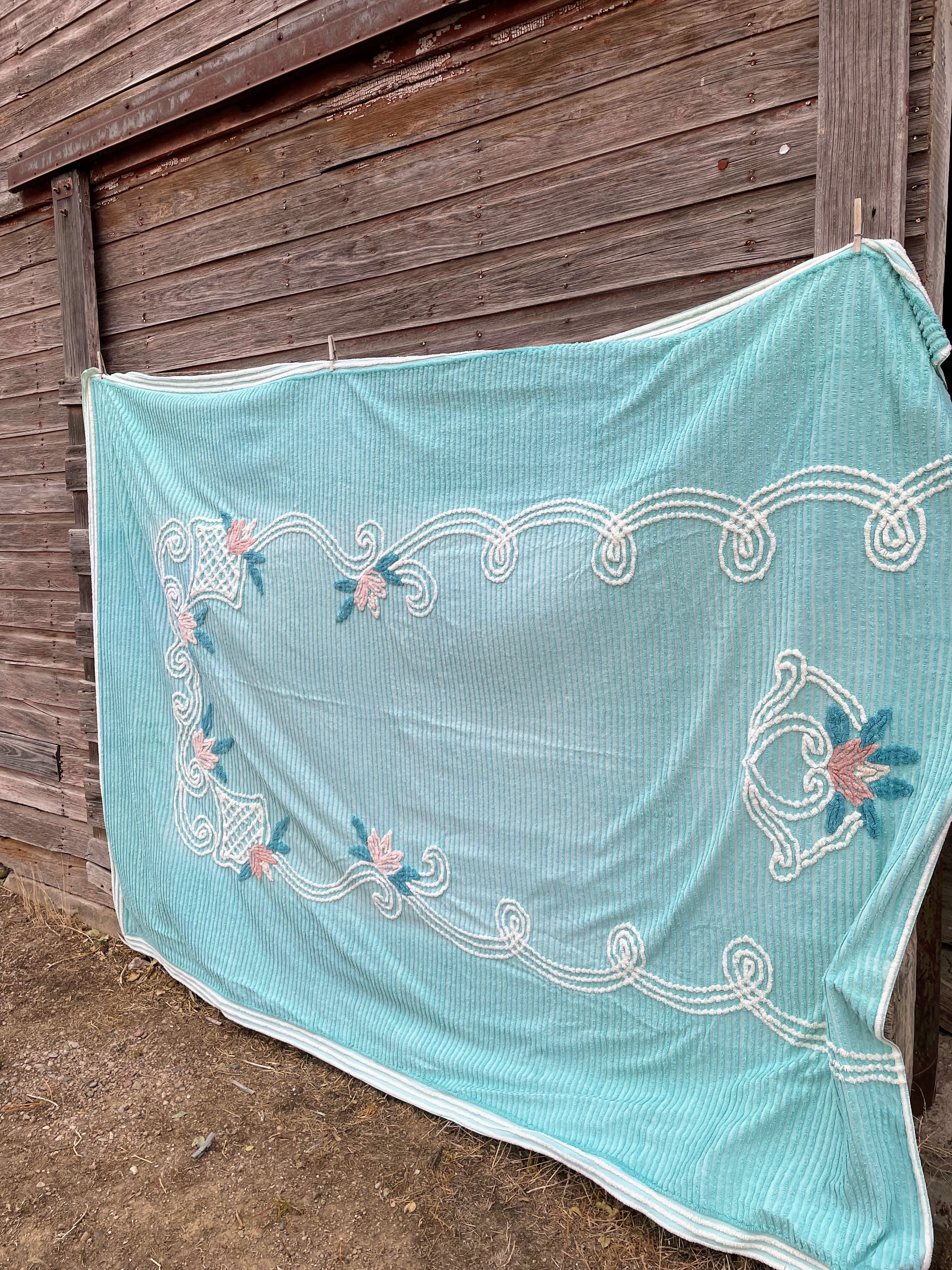 50s Vintage Aqua Blue/green Chenille Floral Bedspread - Image 3
