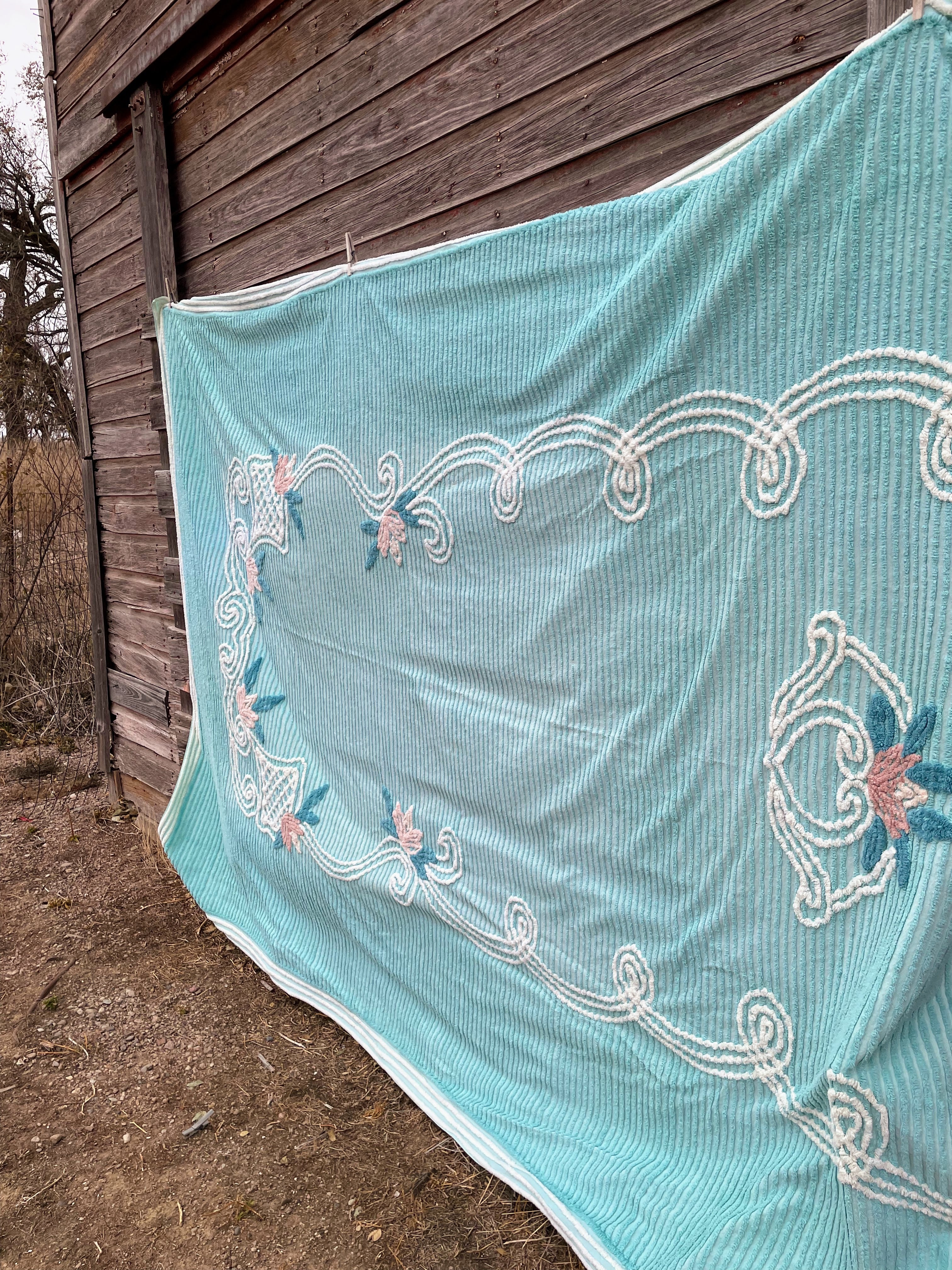 50s Vintage Aqua Blue/green Chenille Floral Bedspread - Image 4
