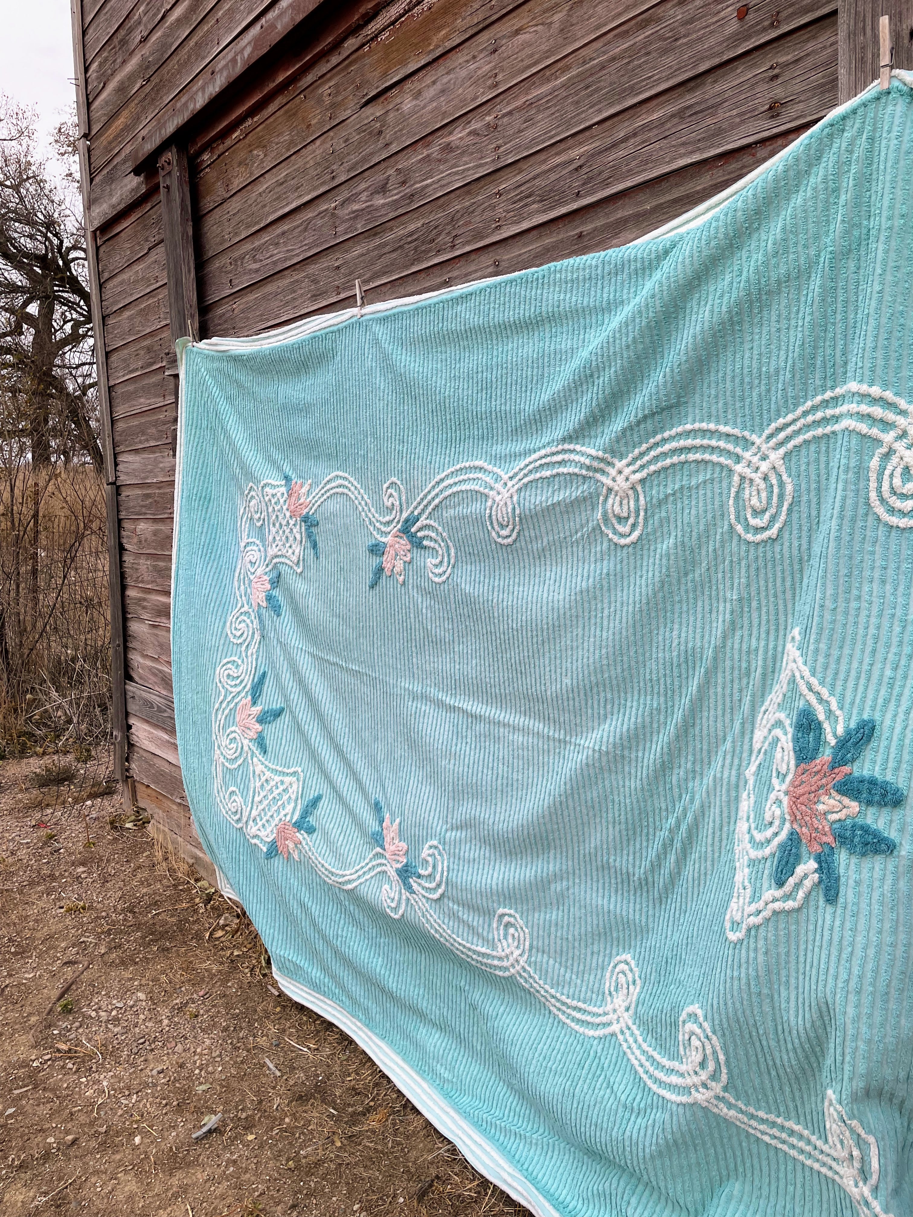 50s Vintage Aqua Blue/green Chenille Floral Bedspread - Image 5