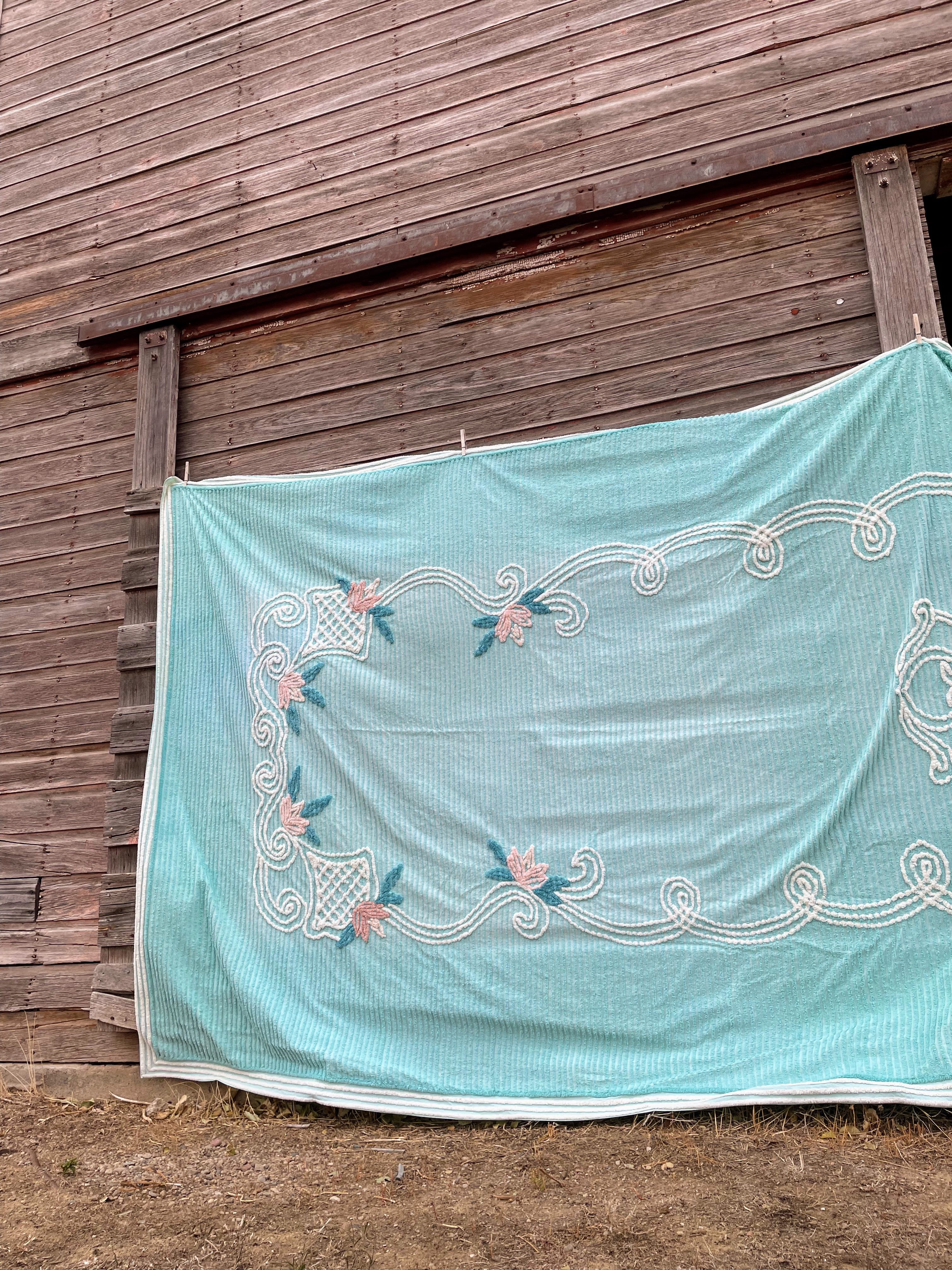 50s Vintage Aqua Blue/green Chenille Floral Bedspread - Image 6