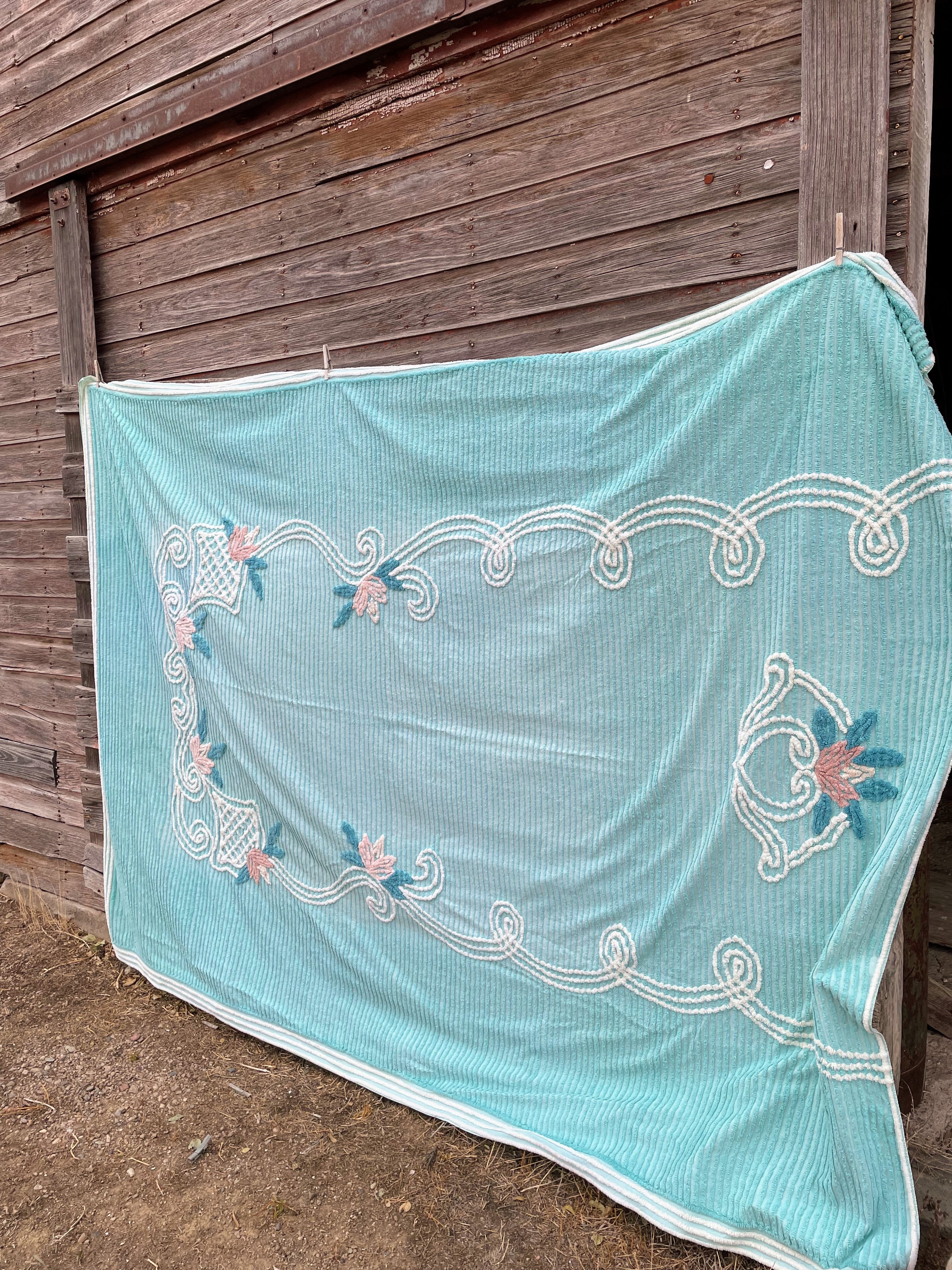 50s Vintage Aqua Blue/green Chenille Floral Bedspread - Image 7