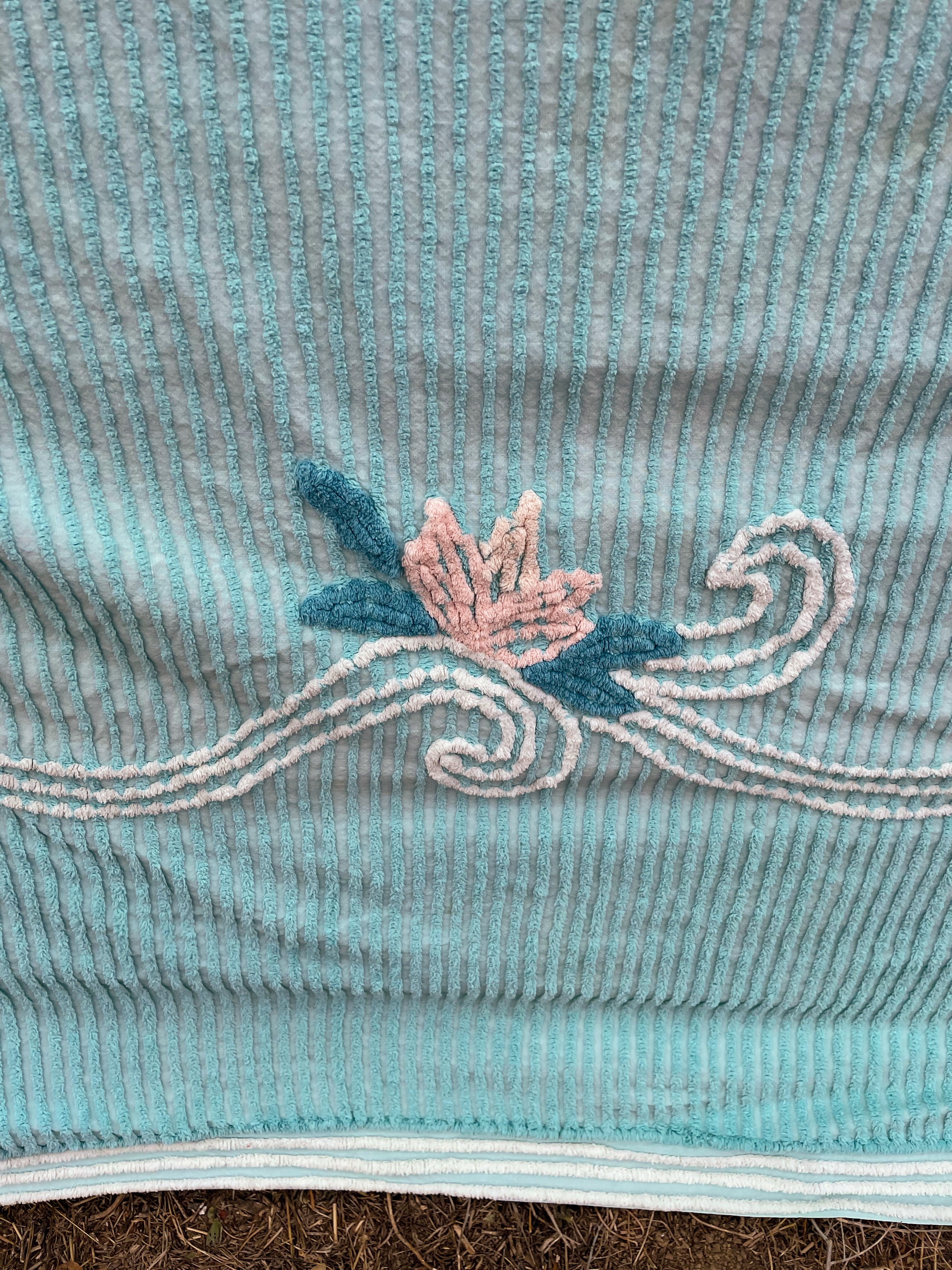 50s Vintage Aqua Blue/green Chenille Floral Bedspread - Image 8