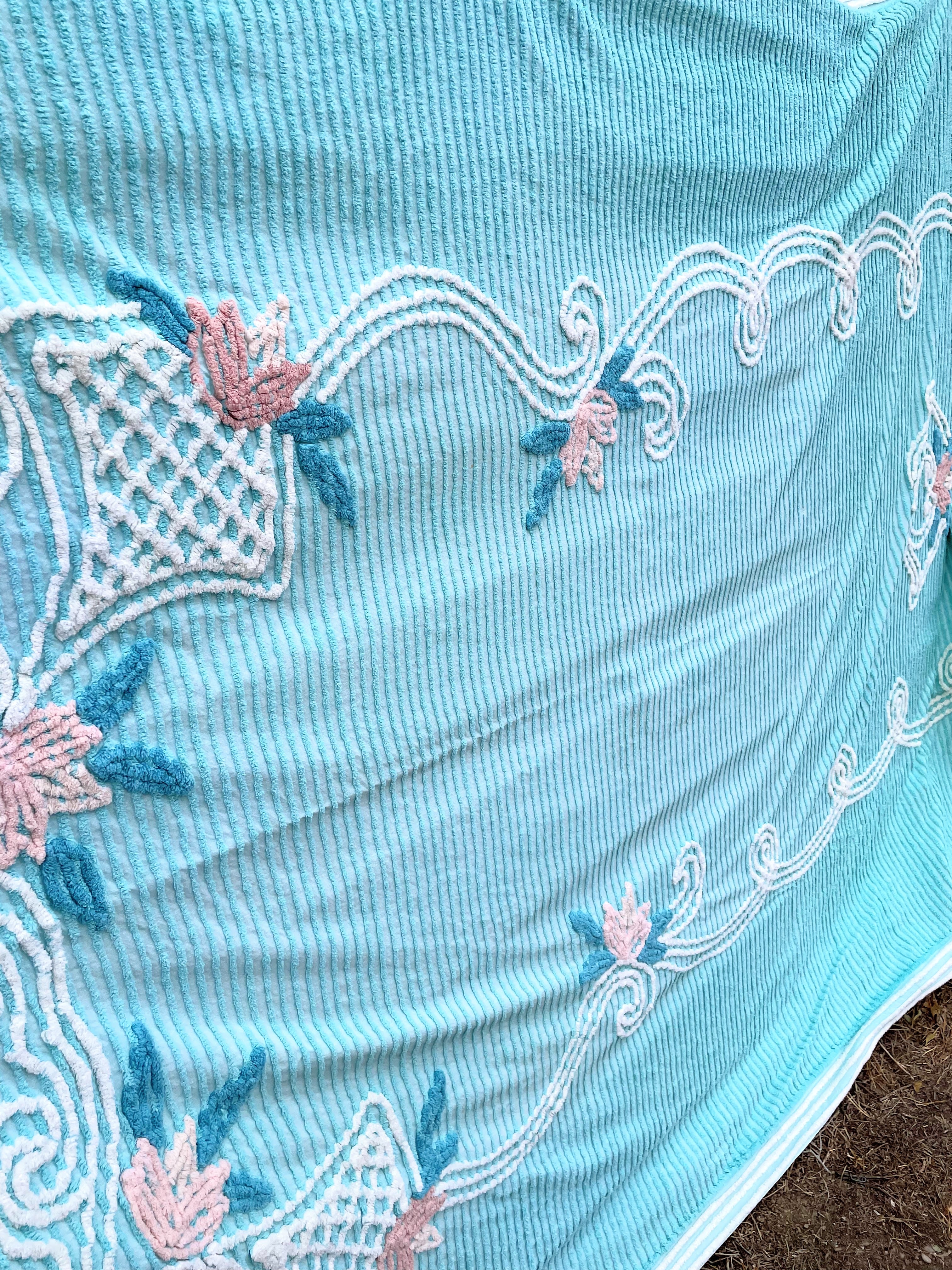 50s Vintage Aqua Blue/green Chenille Floral Bedspread - Image 9