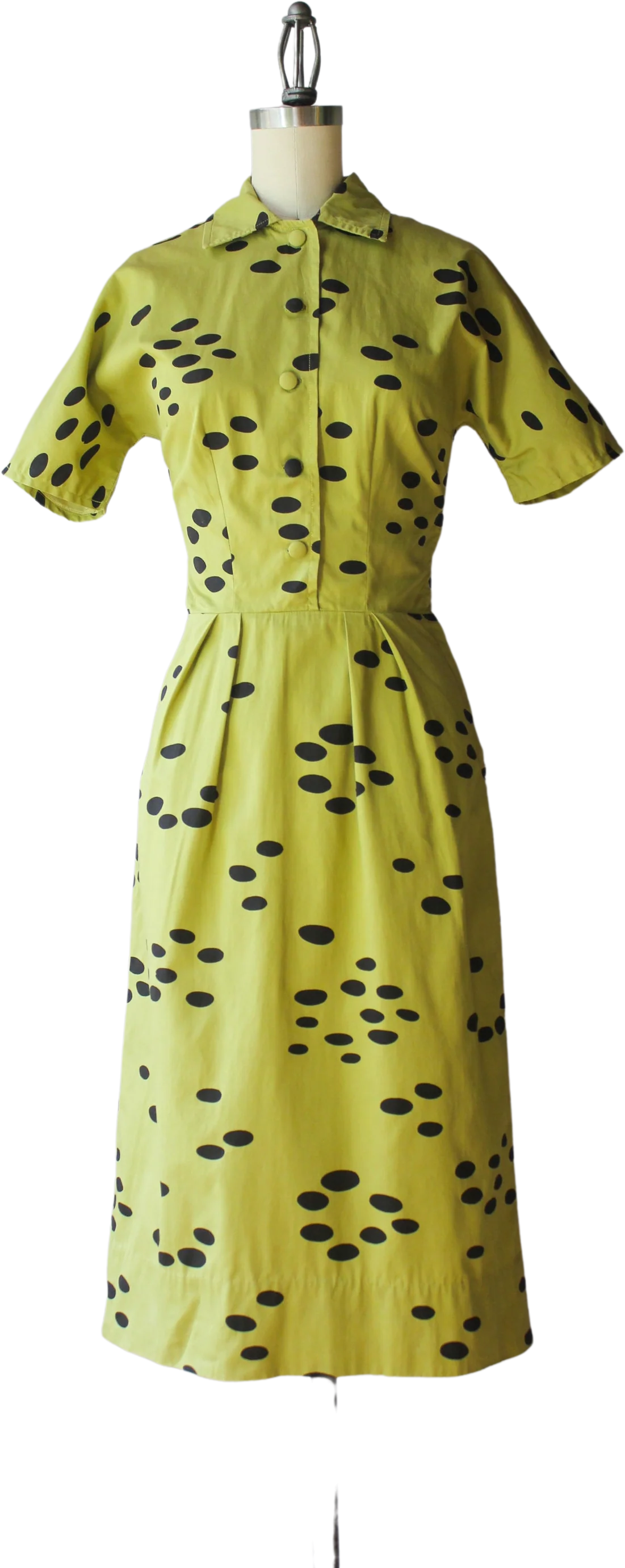 50s Vintage Avocado Dalmation Dots Printed Cotton Fitted Pencil Skirt Day Dress