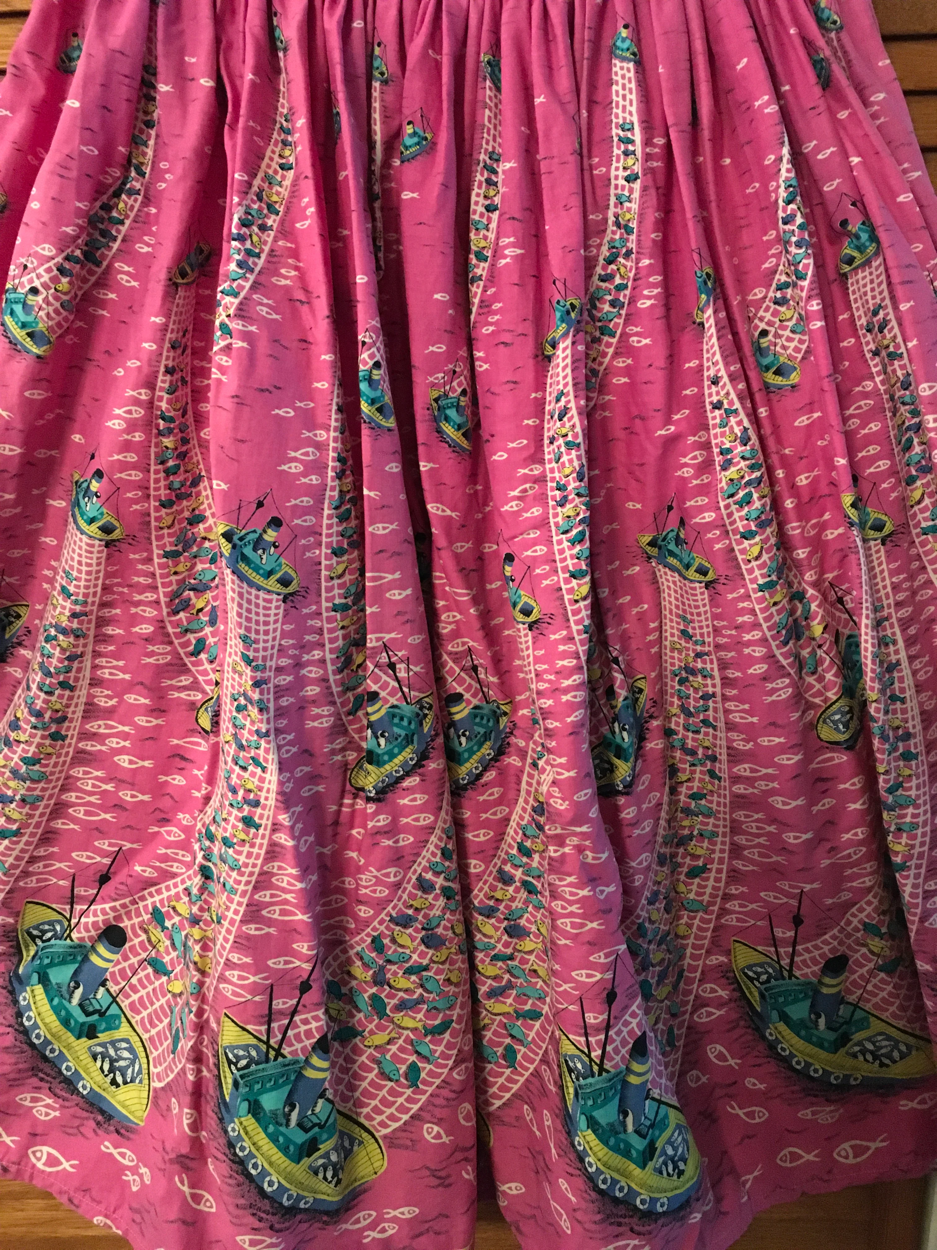 50s Vintage Fishing Boat Novelty Border Print Skirt - Image 3