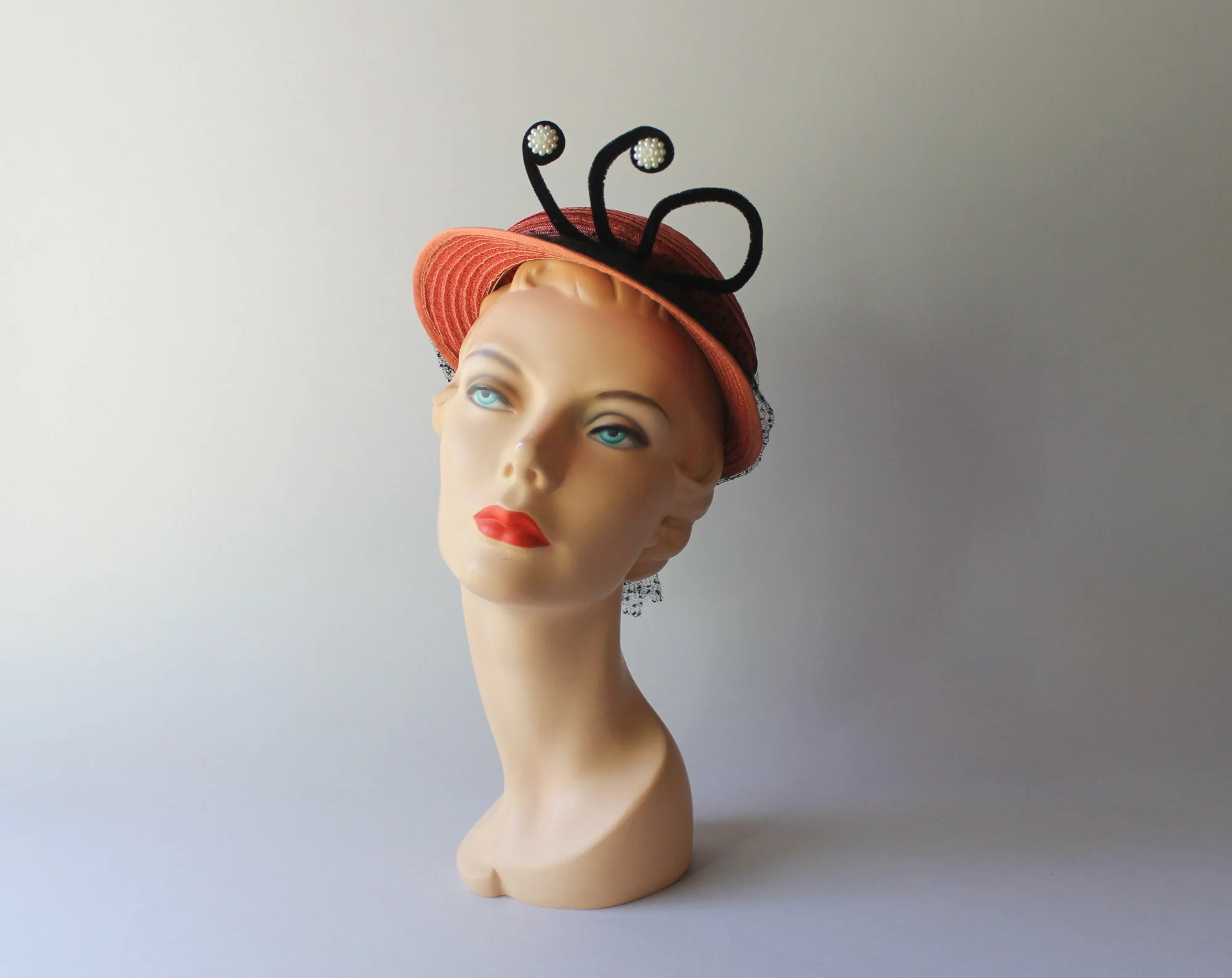 50s Vintage Novelty Snail Hat of Dark Salmon Straw with Gathered Black Veil - Image 2
