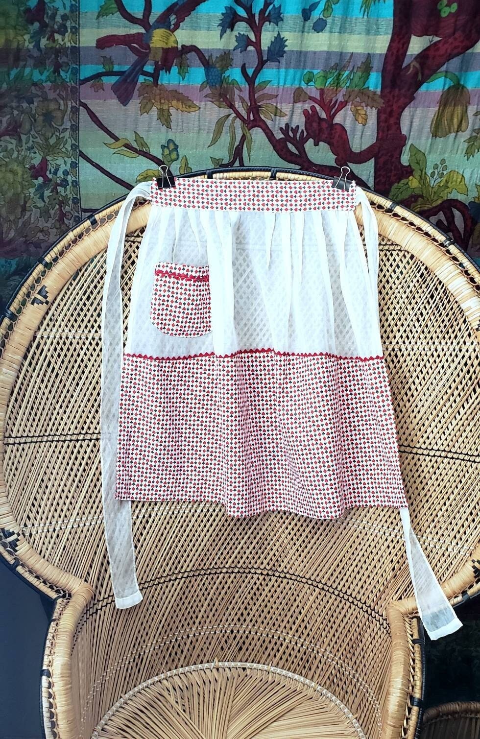 50s Vintage Partially Sheer Apron with Hearts and Spades Red and White Half - Image 3