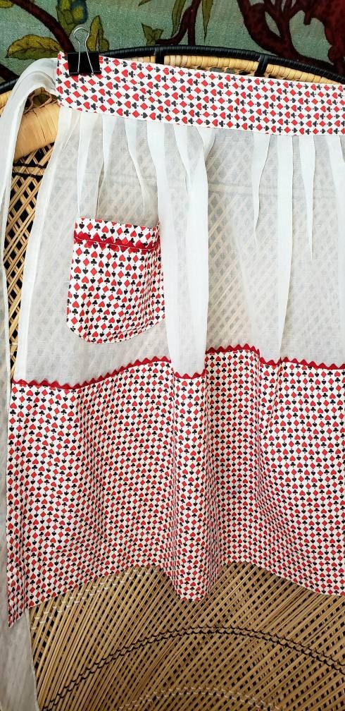 50s Vintage Partially Sheer Apron with Hearts and Spades Red and White Half - Image 7
