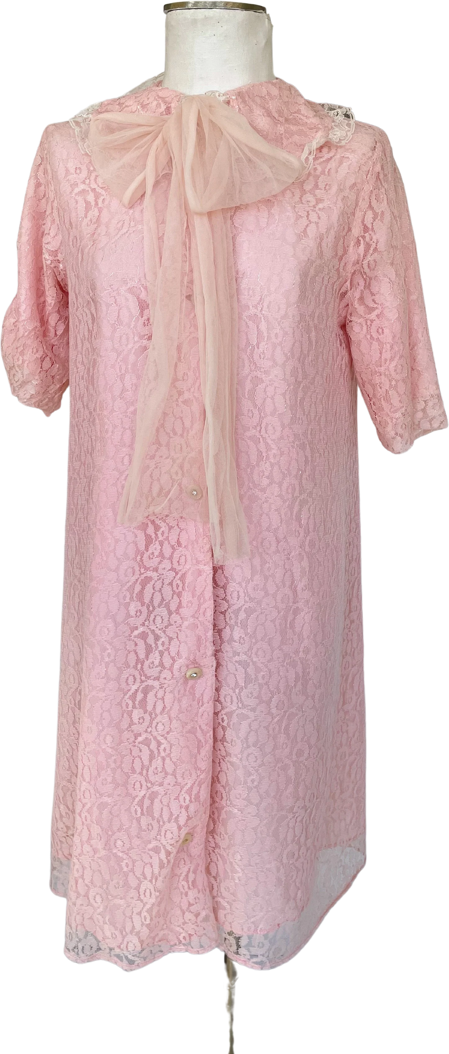 50s Vintage Pink Floral Lace Bed Jacket Robe