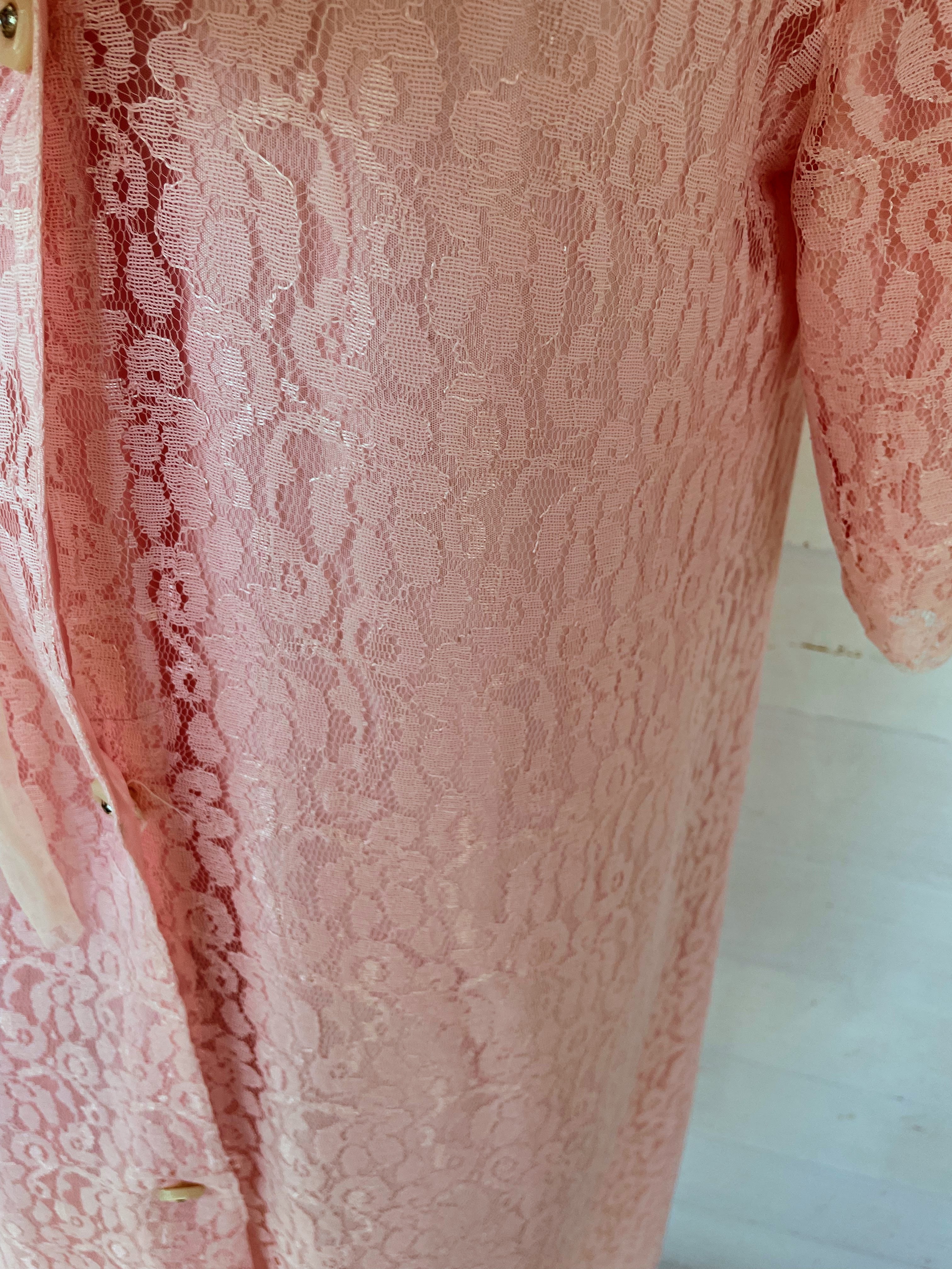 50s Vintage Pink Floral Lace Bed Jacket Robe - Image 17