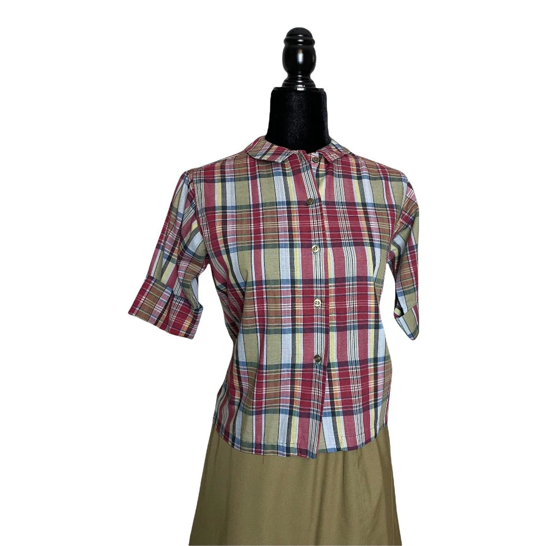 50s Vintage Wrap Skirt and Button Down Top Set Reversible Green and Red Plaid Size M - Image 4