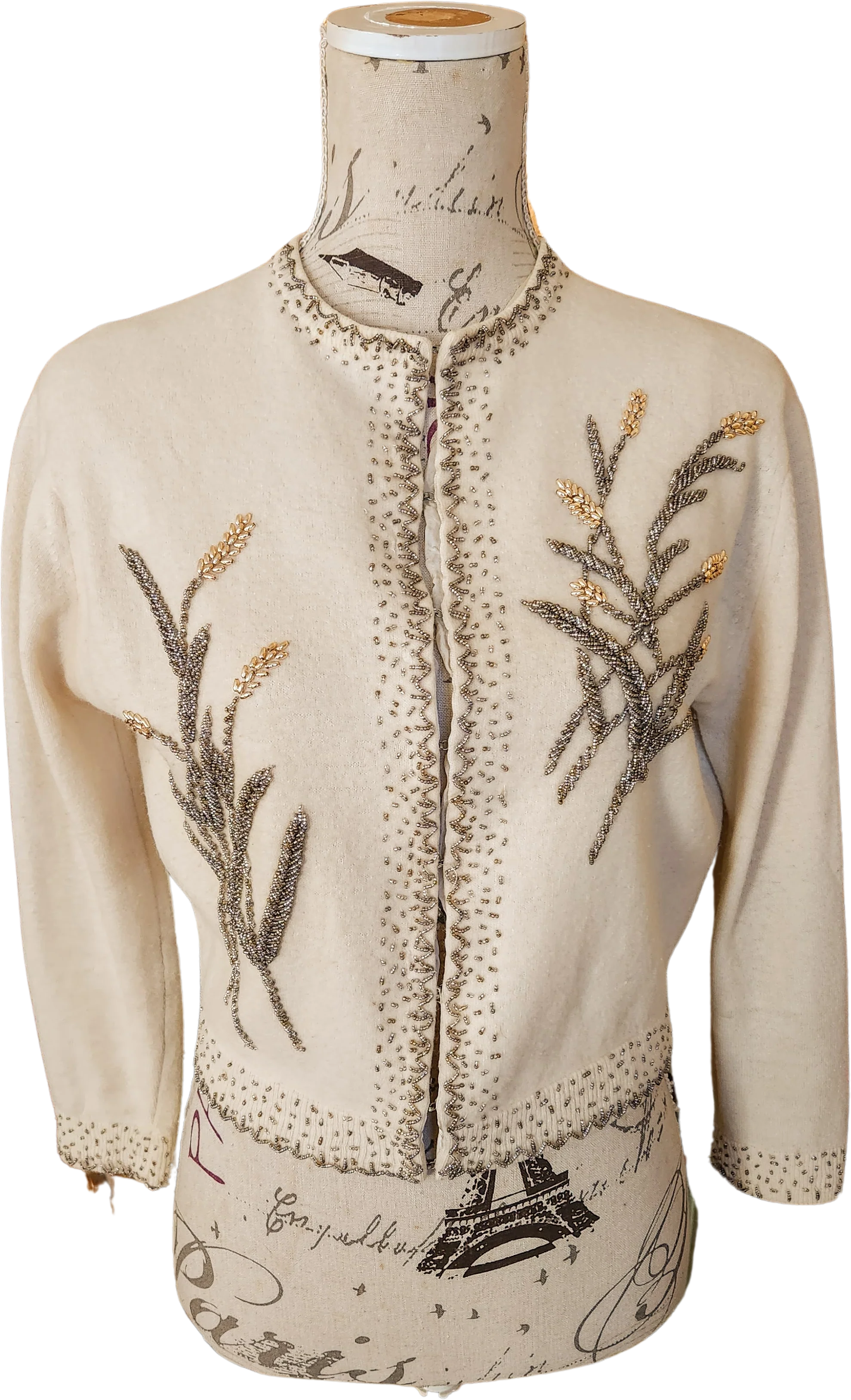50s White Beaded Wheat Pattern Cardigan Sweater By Miles Sweat