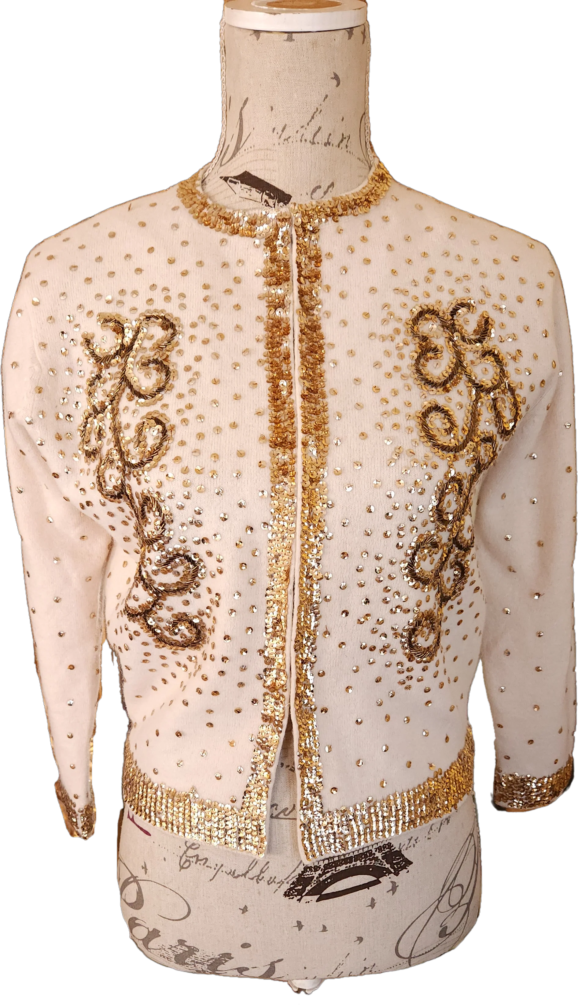 50s White Cashmere Cardi With Gold Sequins And Beading by China Art Emb Co