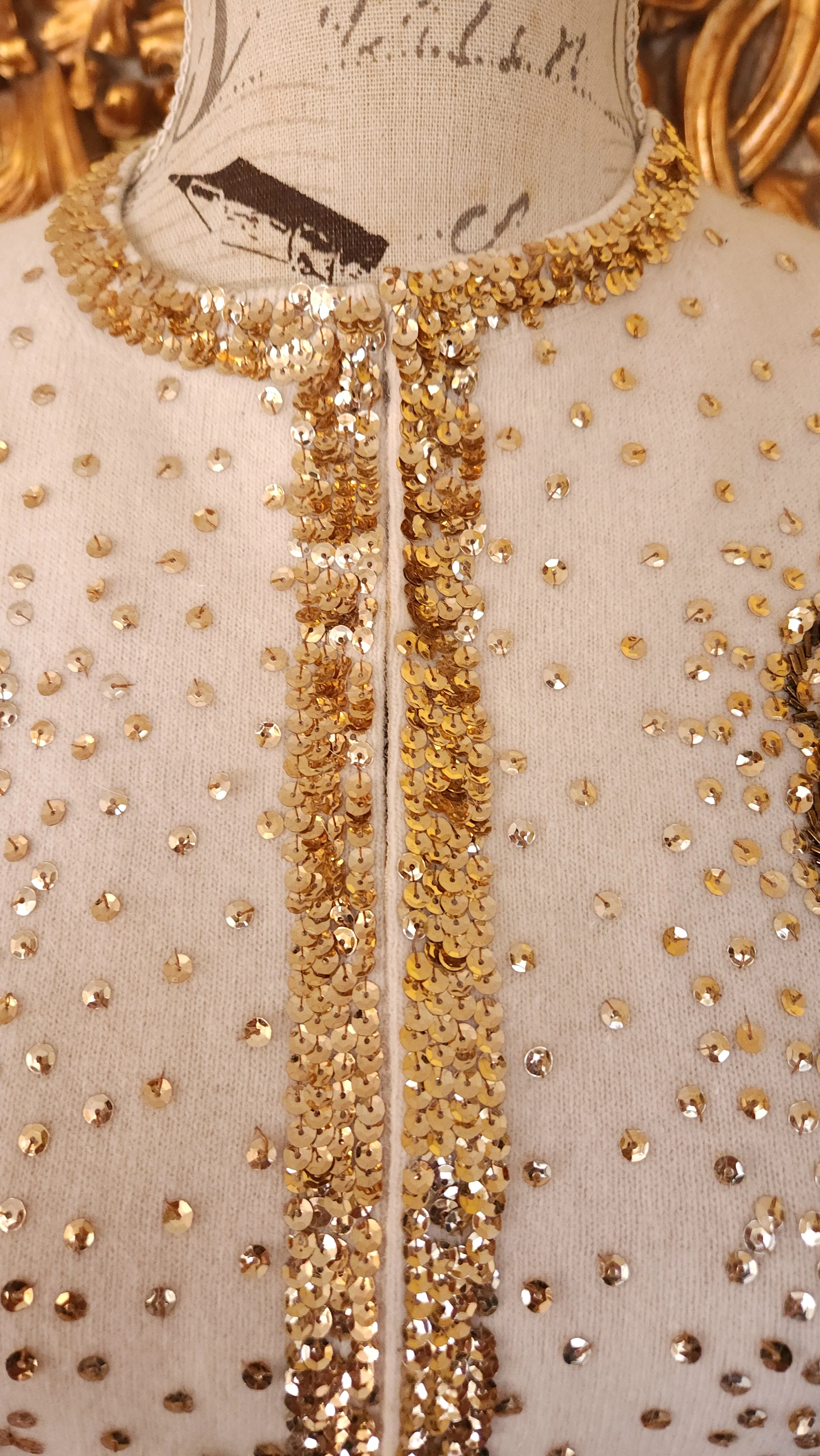 50s White Cashmere Cardi With Gold Sequins And Beading by China Art Emb Co - Image 6