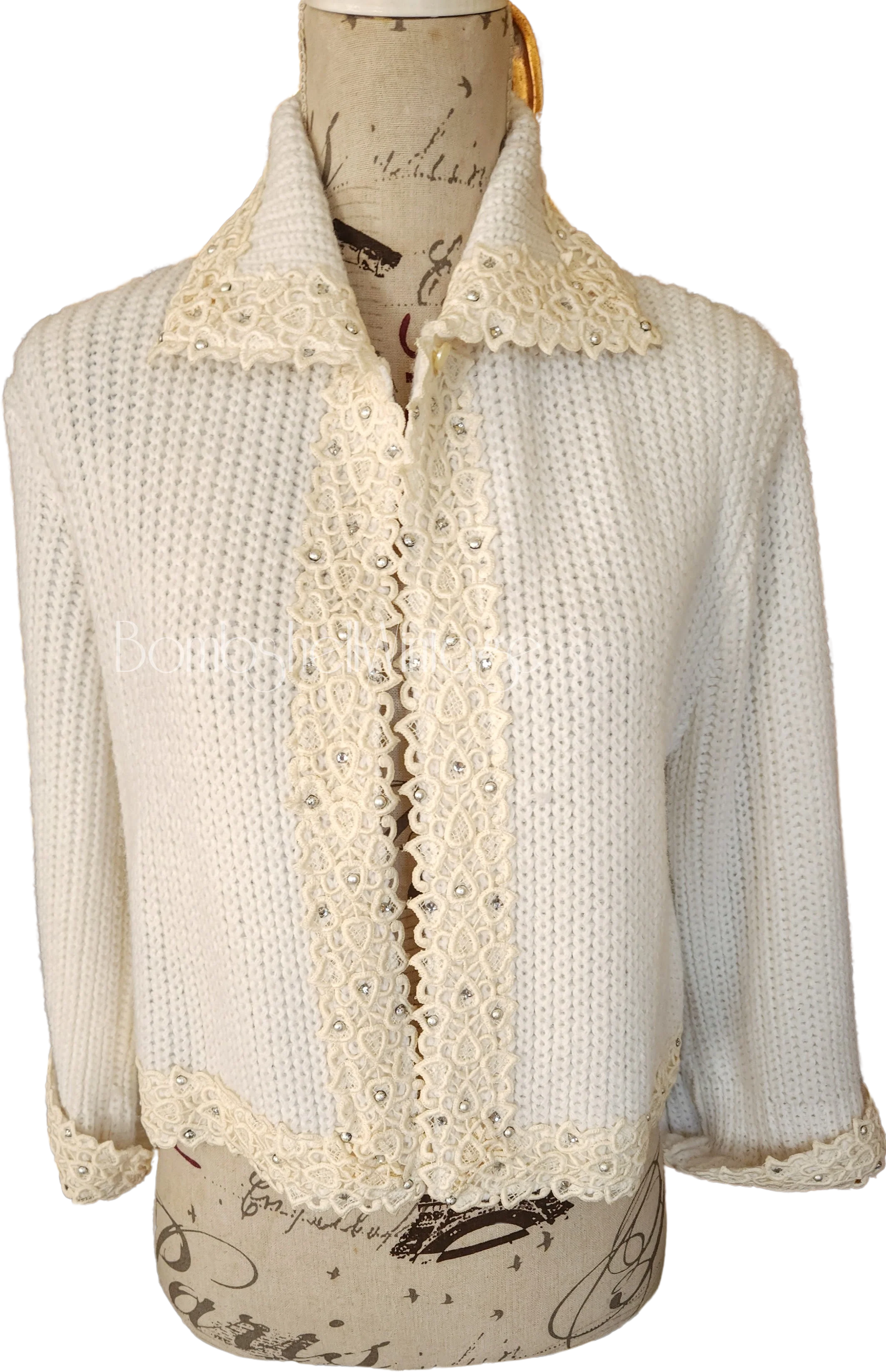 50s White Lace Trim With Rhinestones Cardigan Sweater By Kirby of Miami