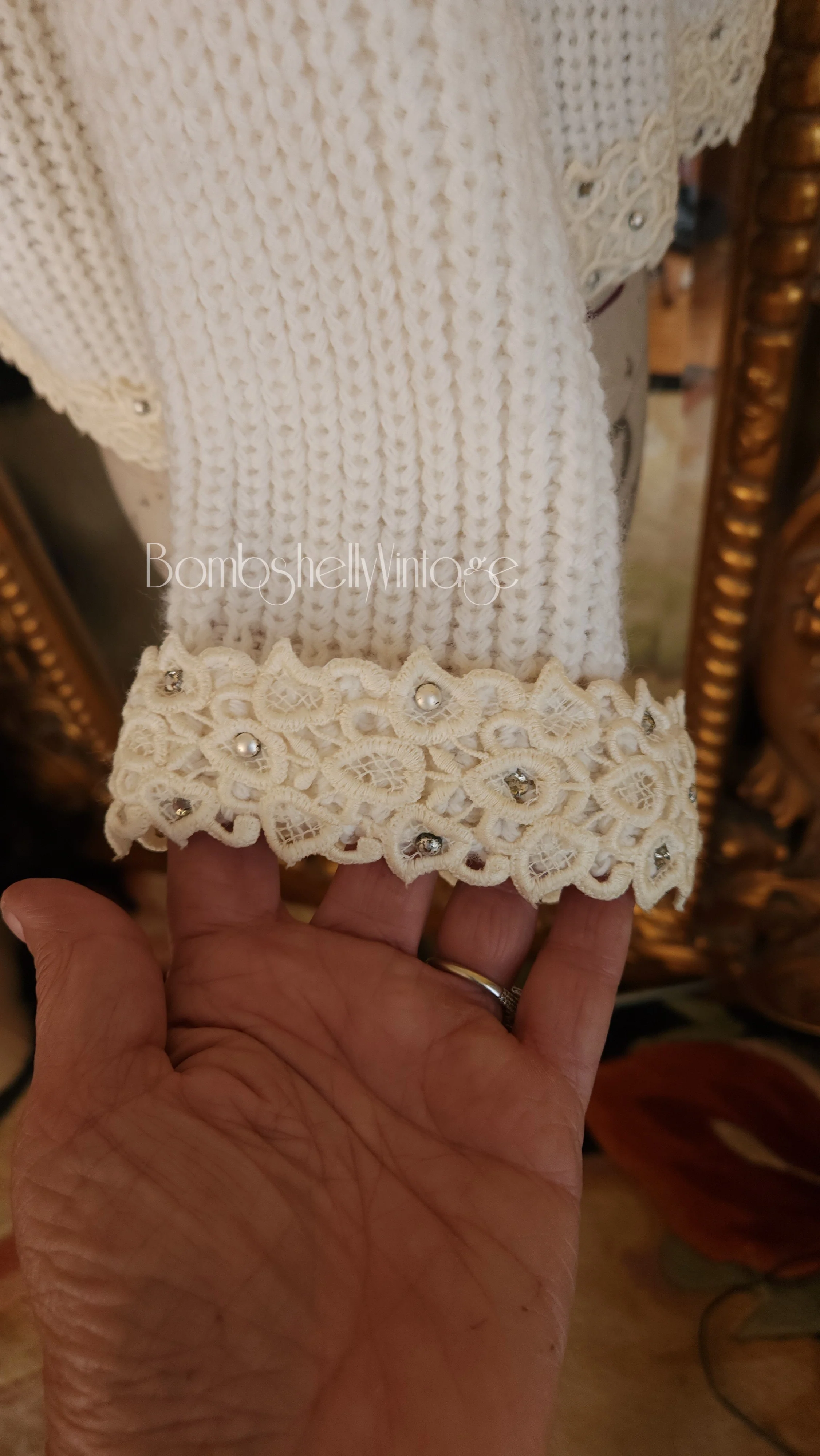 50s White Lace Trim With Rhinestones Cardigan Sweater By Kirby of Miami - Image 6