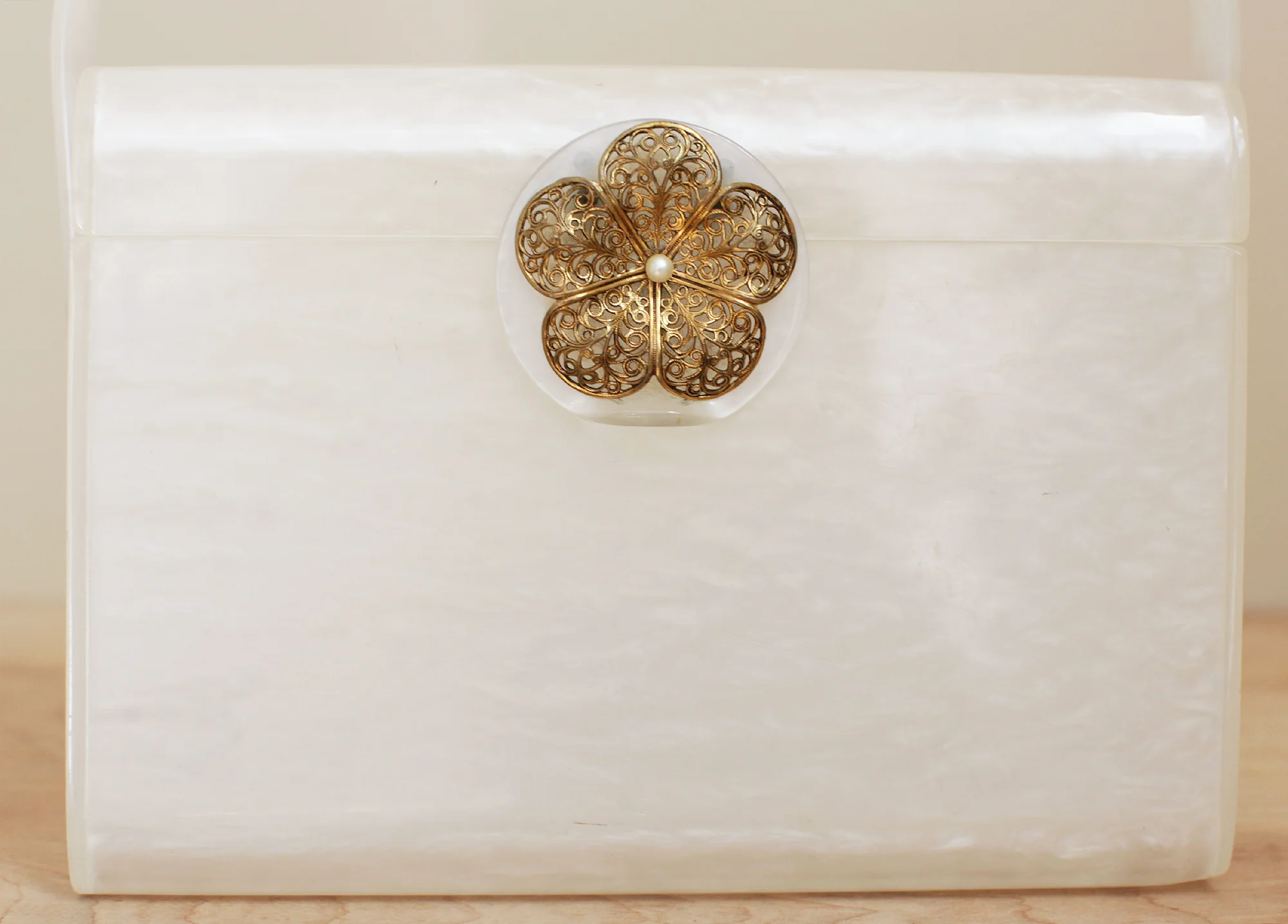 50s White Pearl Lucite Purse W Brass Floral Closure By Wilardy - Image 2