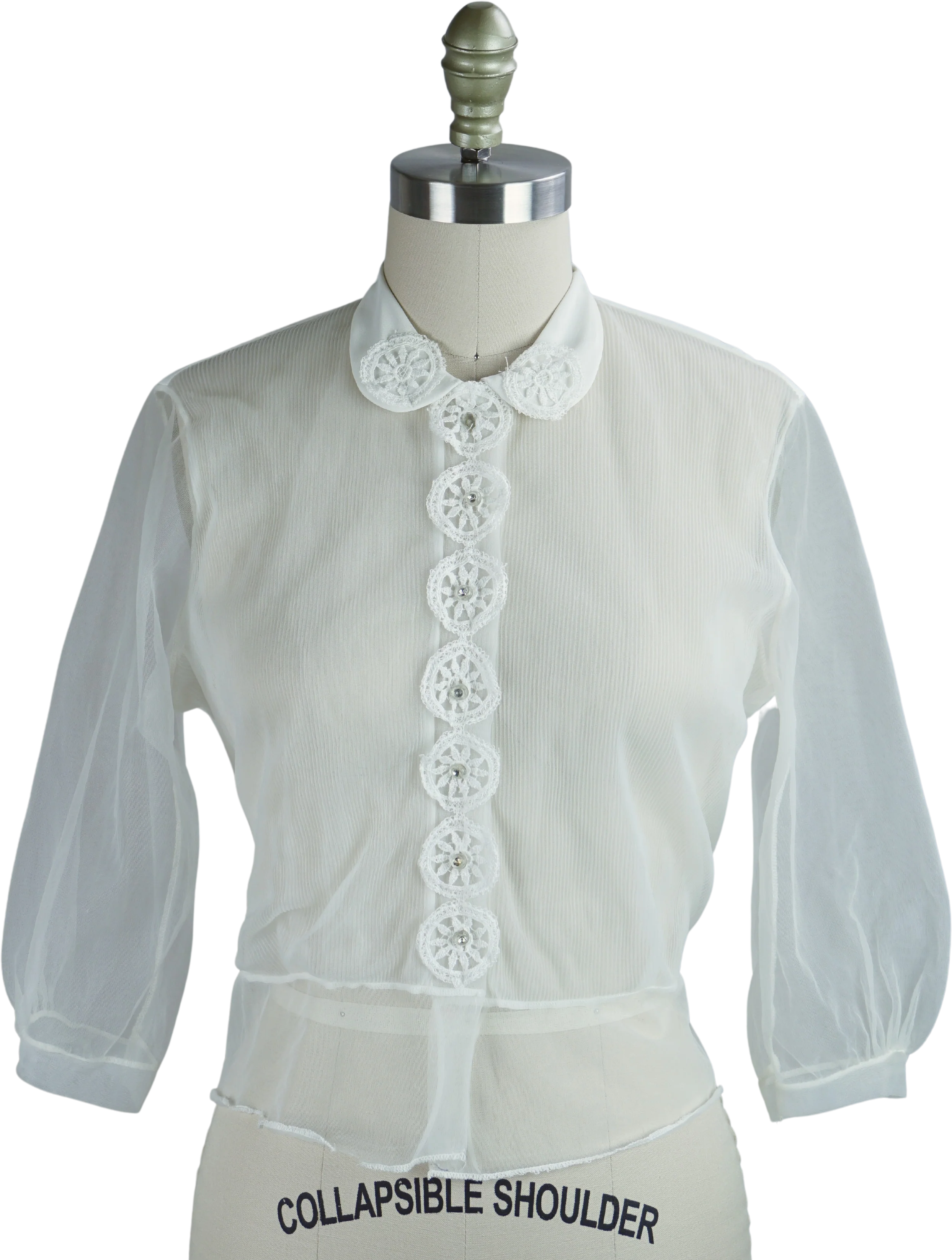 50s White Sheer Suit Blouse With Rhinestone Buttons By Nylon