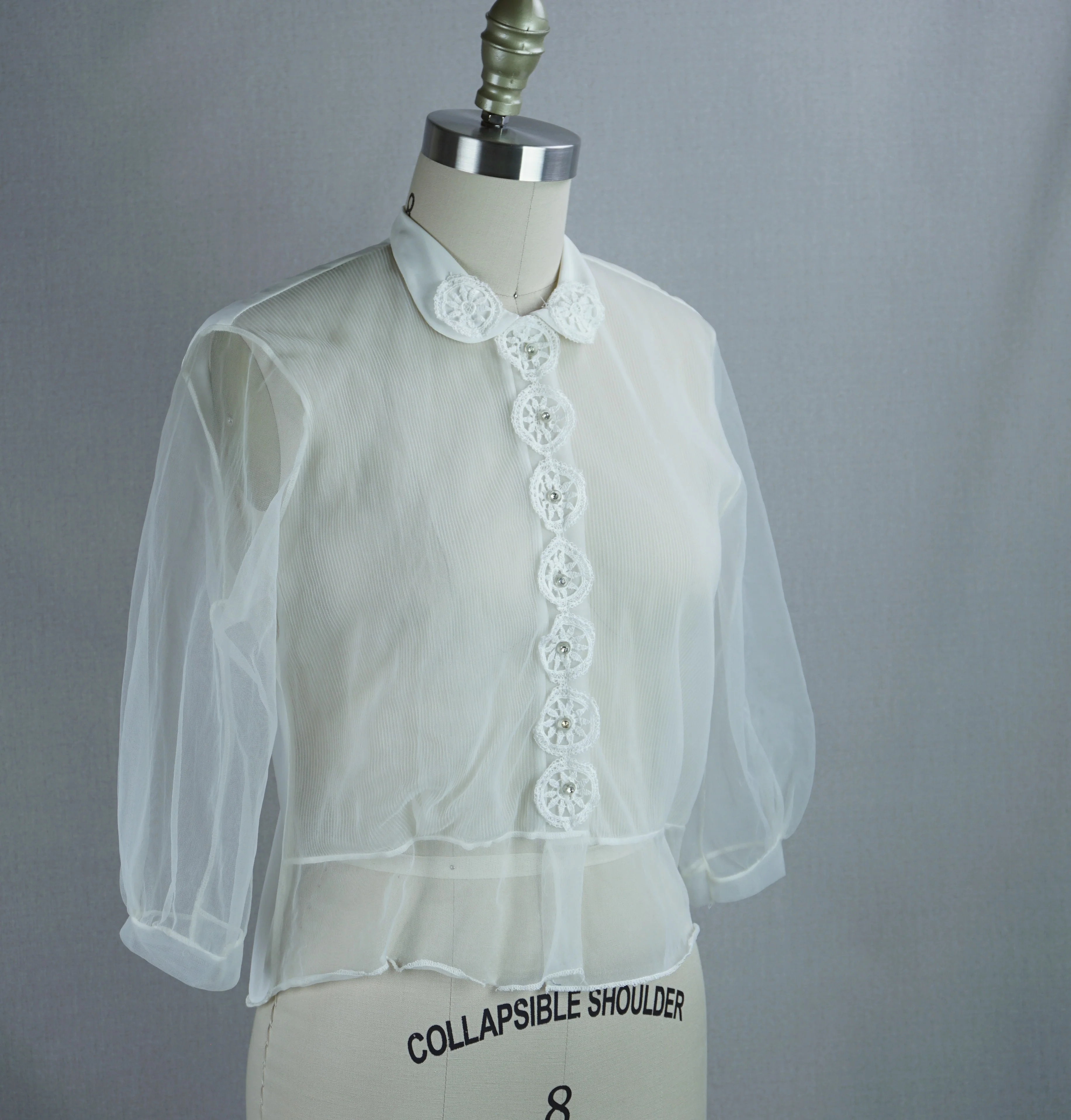 50s White Sheer Suit Blouse With Rhinestone Buttons By Nylon - Image 3