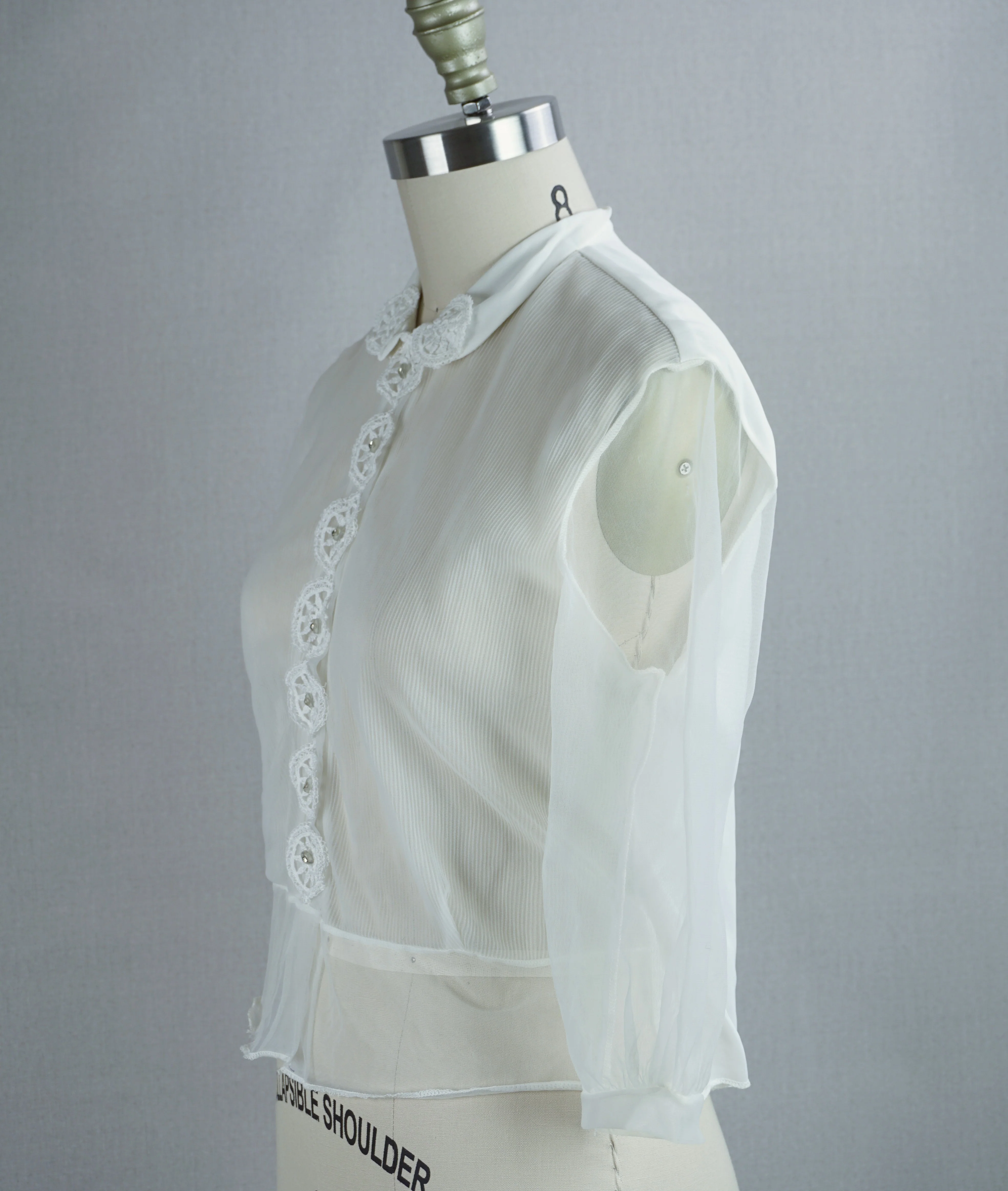 50s White Sheer Suit Blouse With Rhinestone Buttons By Nylon - Image 4