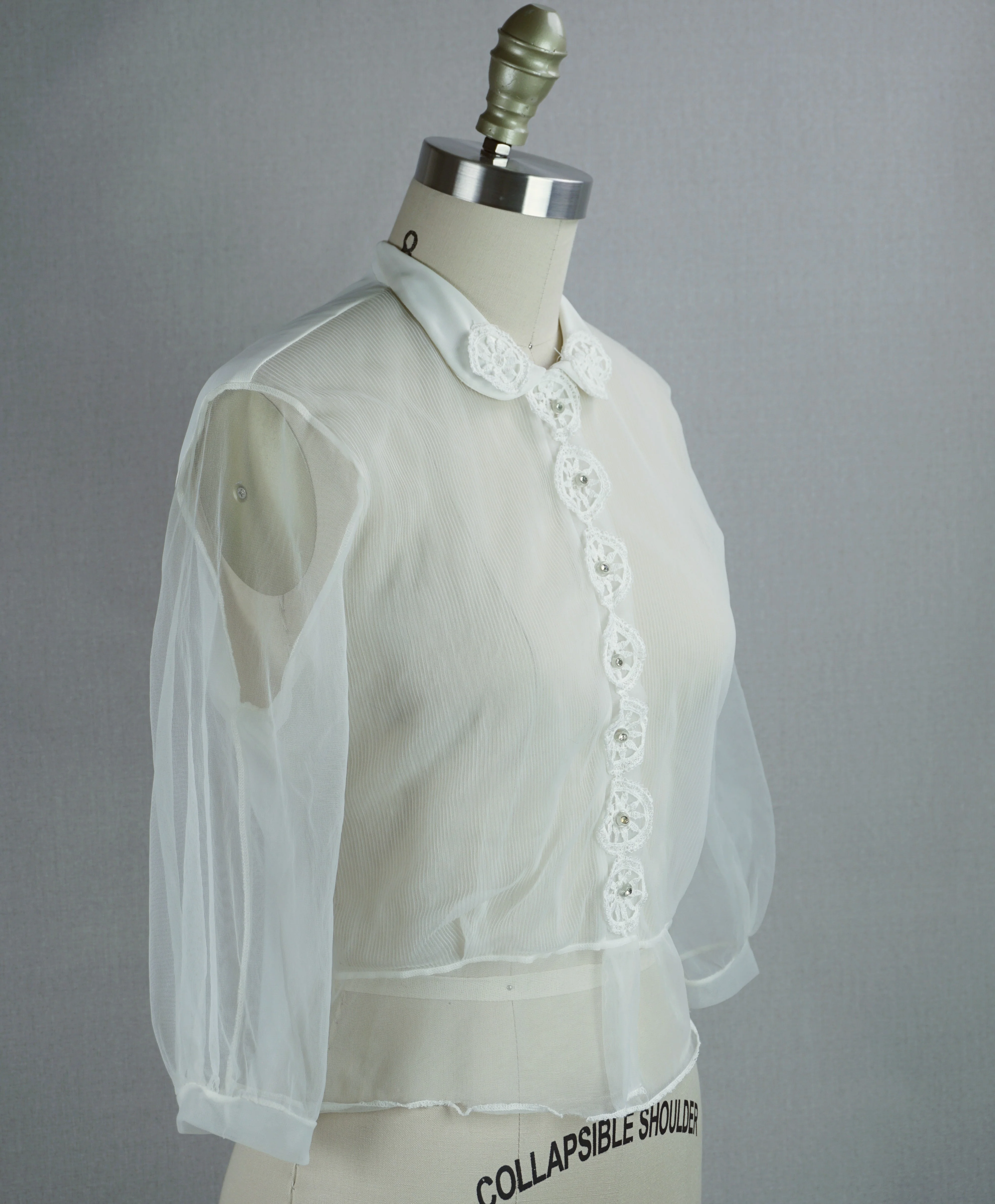 50s White Sheer Suit Blouse With Rhinestone Buttons By Nylon - Image 5