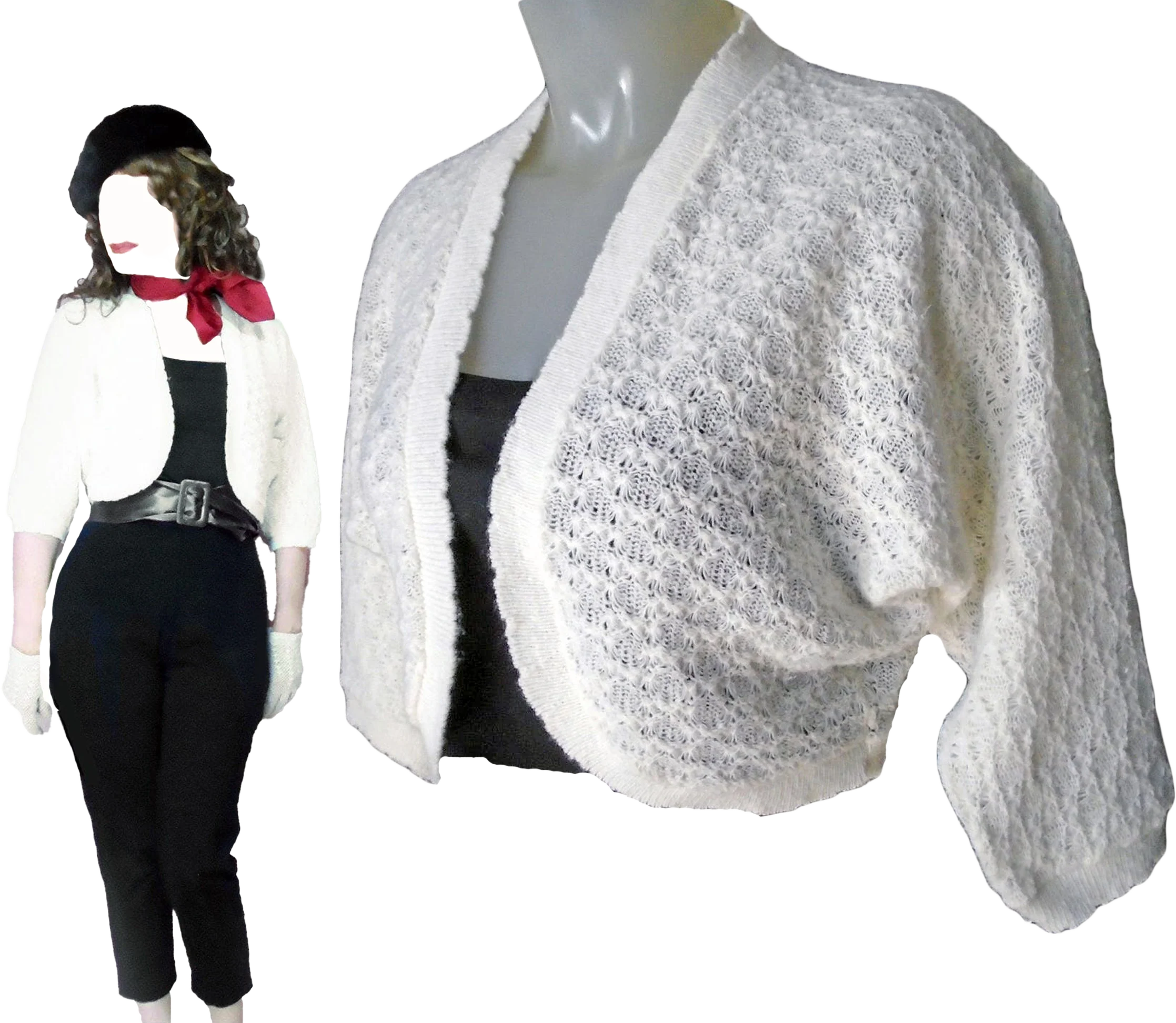 50s White Shrug Sweater Cropped Pointelle Knit